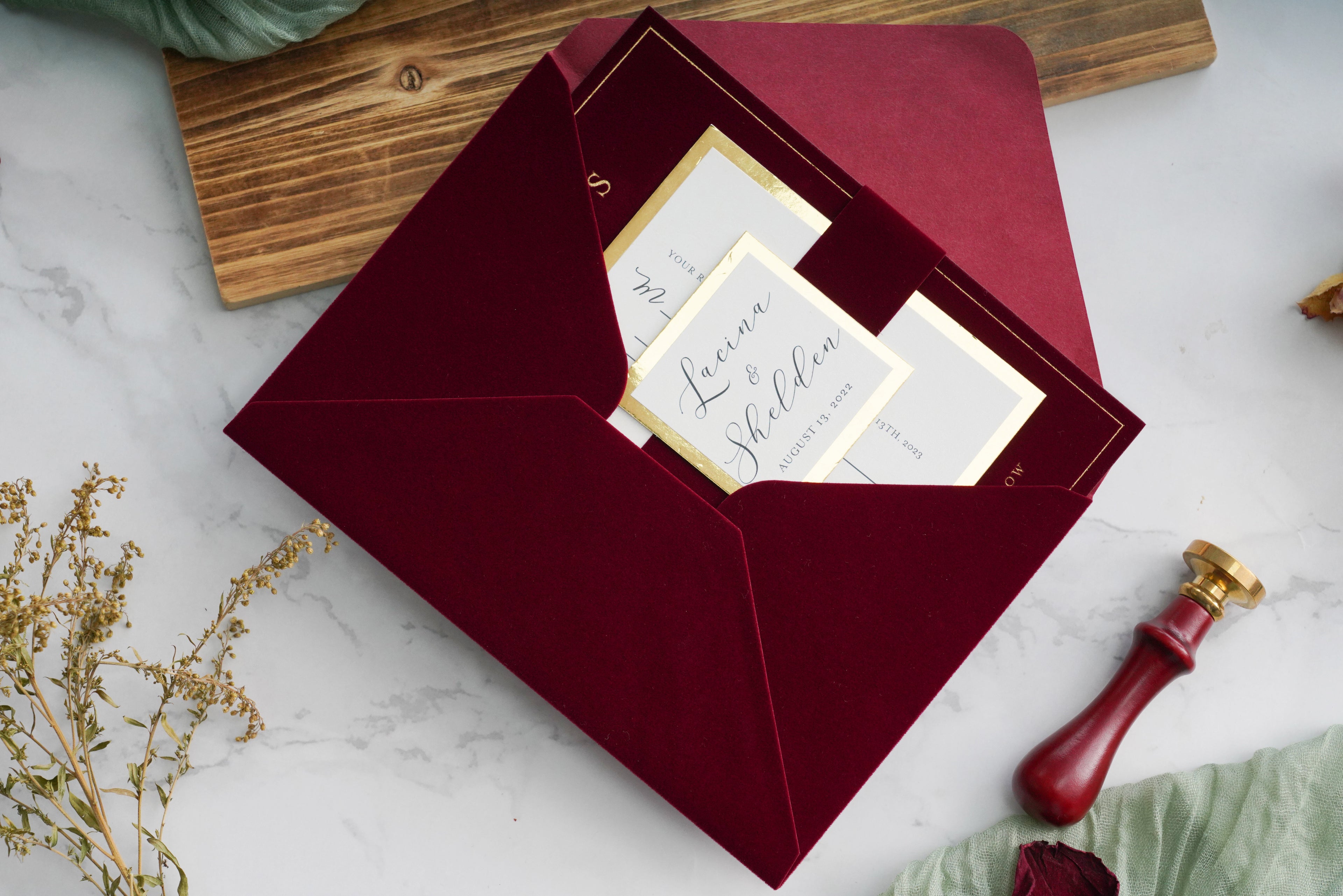 PONATIA  Burgundy Gold Foil Print Velvet Wedding Invitation Cards with Envelopes