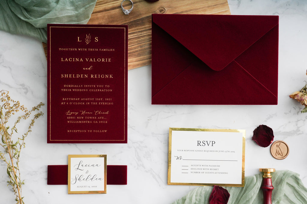 PONATIA  Burgundy Gold Foil Print Velvet Wedding Invitation Cards with Envelopes