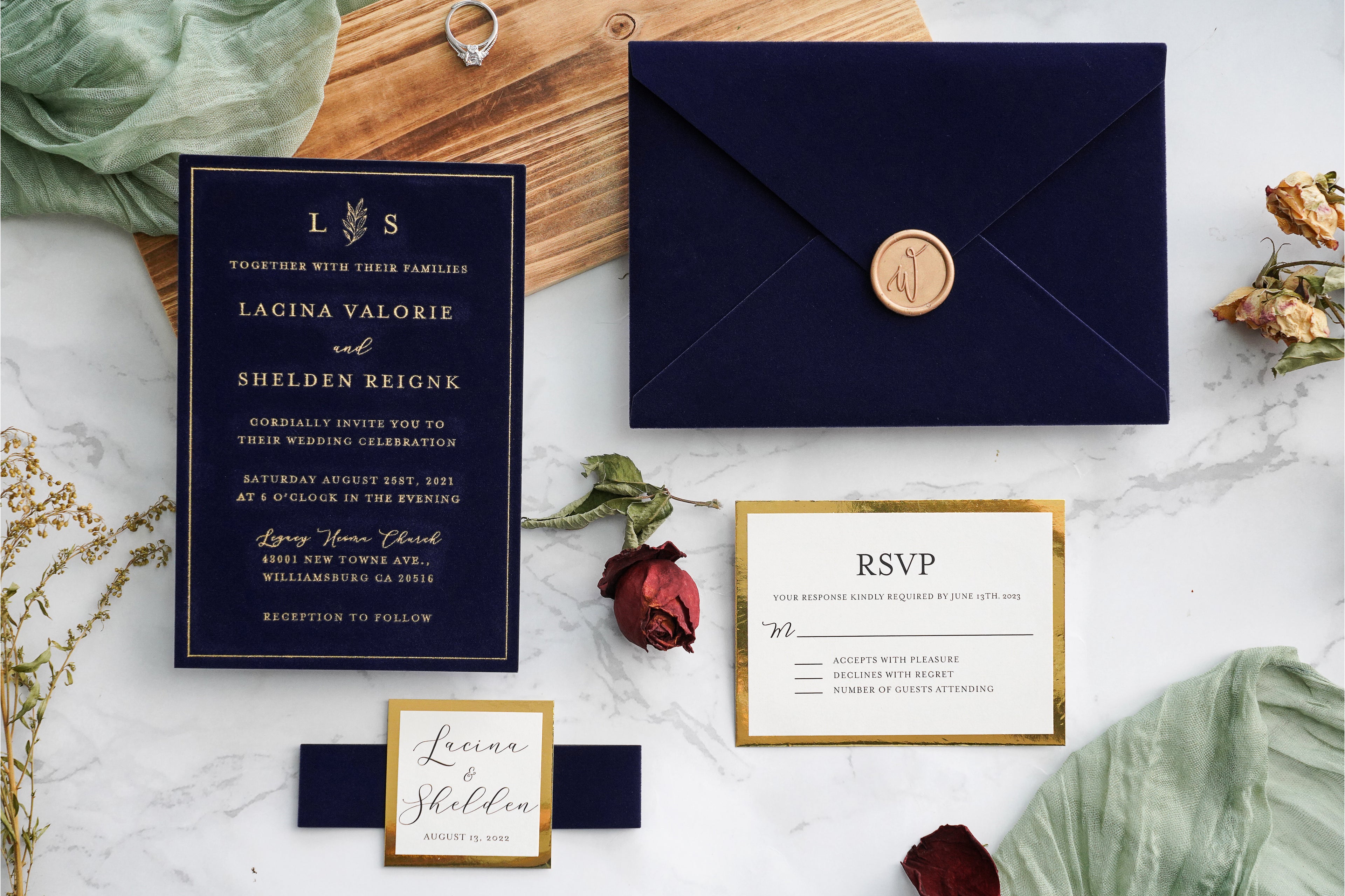 PONATIA  Navy Blue Gold Foil Print Velvet Wedding Invitation Cards with Envelopes