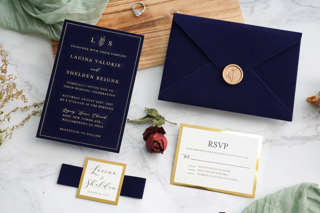 PONATIA  Navy Blue Gold Foil Print Velvet Wedding Invitation Cards with Envelopes