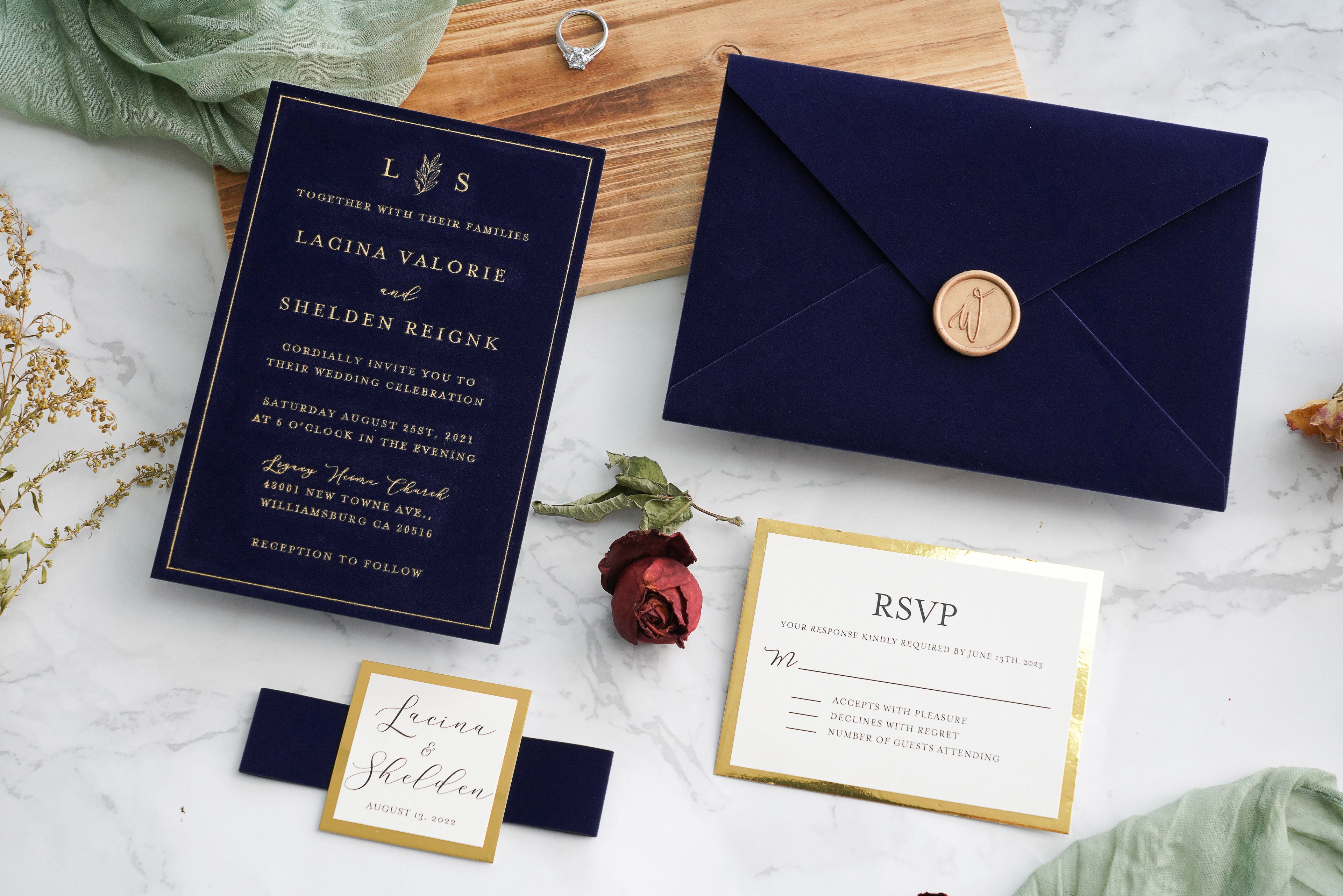 PONATIA  Navy Blue Gold Foil Print Velvet Wedding Invitation Cards with Envelopes