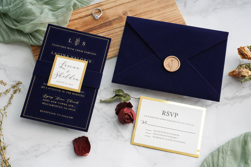 PONATIA  Navy Blue Gold Foil Print Velvet Wedding Invitation Cards with Envelopes