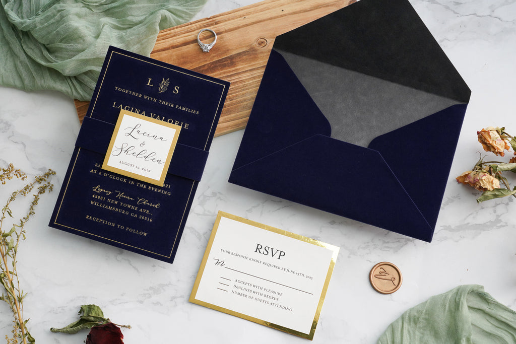 PONATIA  Navy Blue Gold Foil Print Velvet Wedding Invitation Cards with Envelopes