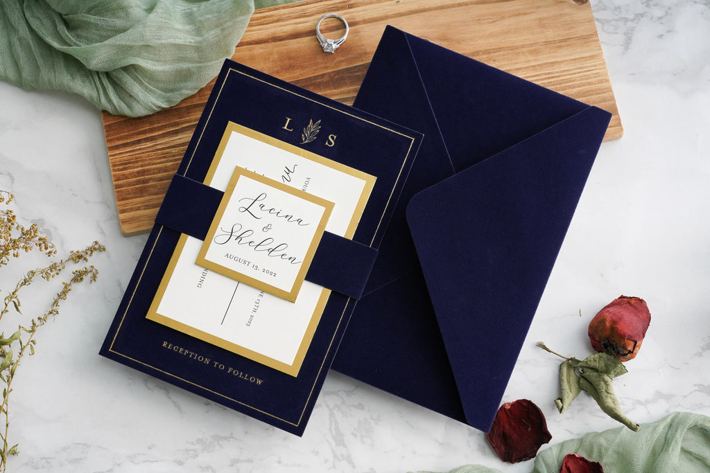PONATIA  Navy Blue Gold Foil Print Velvet Wedding Invitation Cards with Envelopes