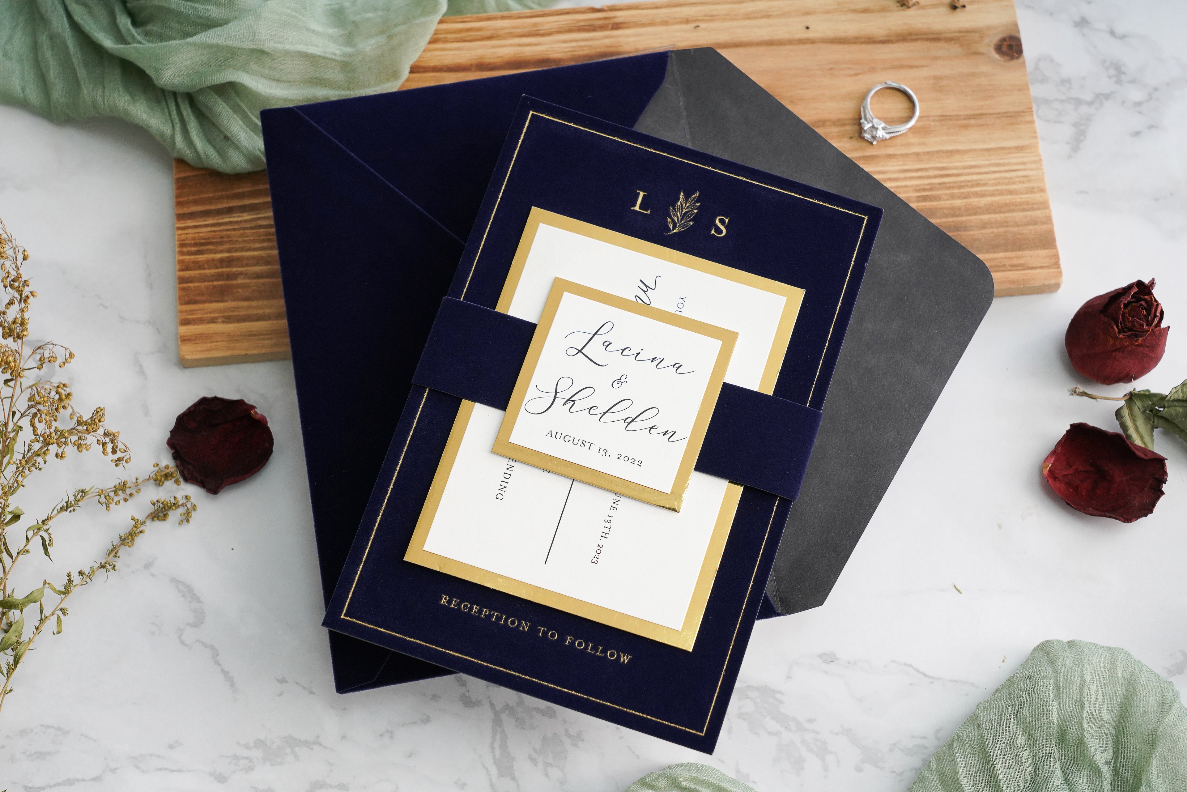 PONATIA  Navy Blue Gold Foil Print Velvet Wedding Invitation Cards with Envelopes