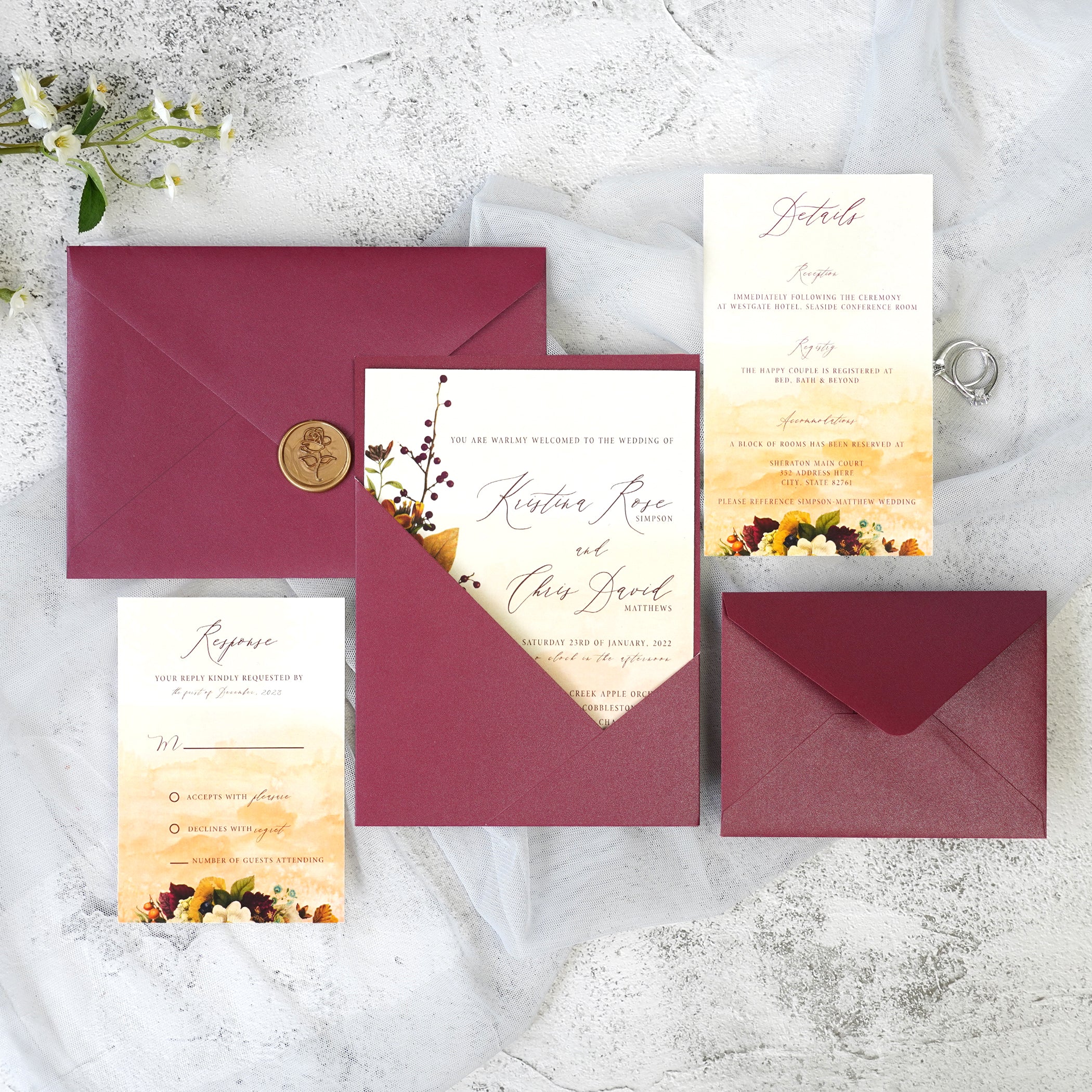 PONATIA Burgundy Panel Pocket Wedding Invitations Cards with Envelopes