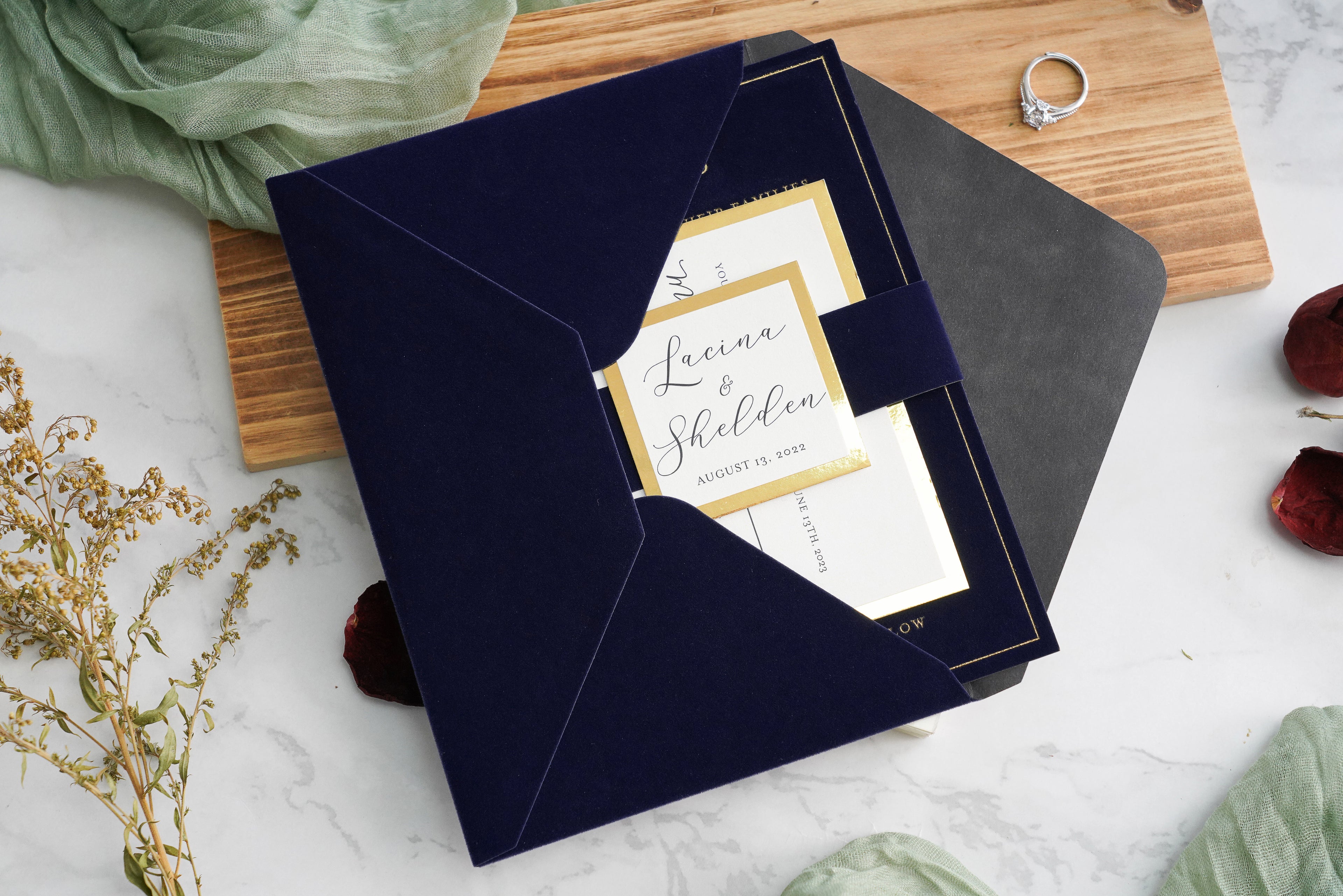 PONATIA  Navy Blue Gold Foil Print Velvet Wedding Invitation Cards with Envelopes