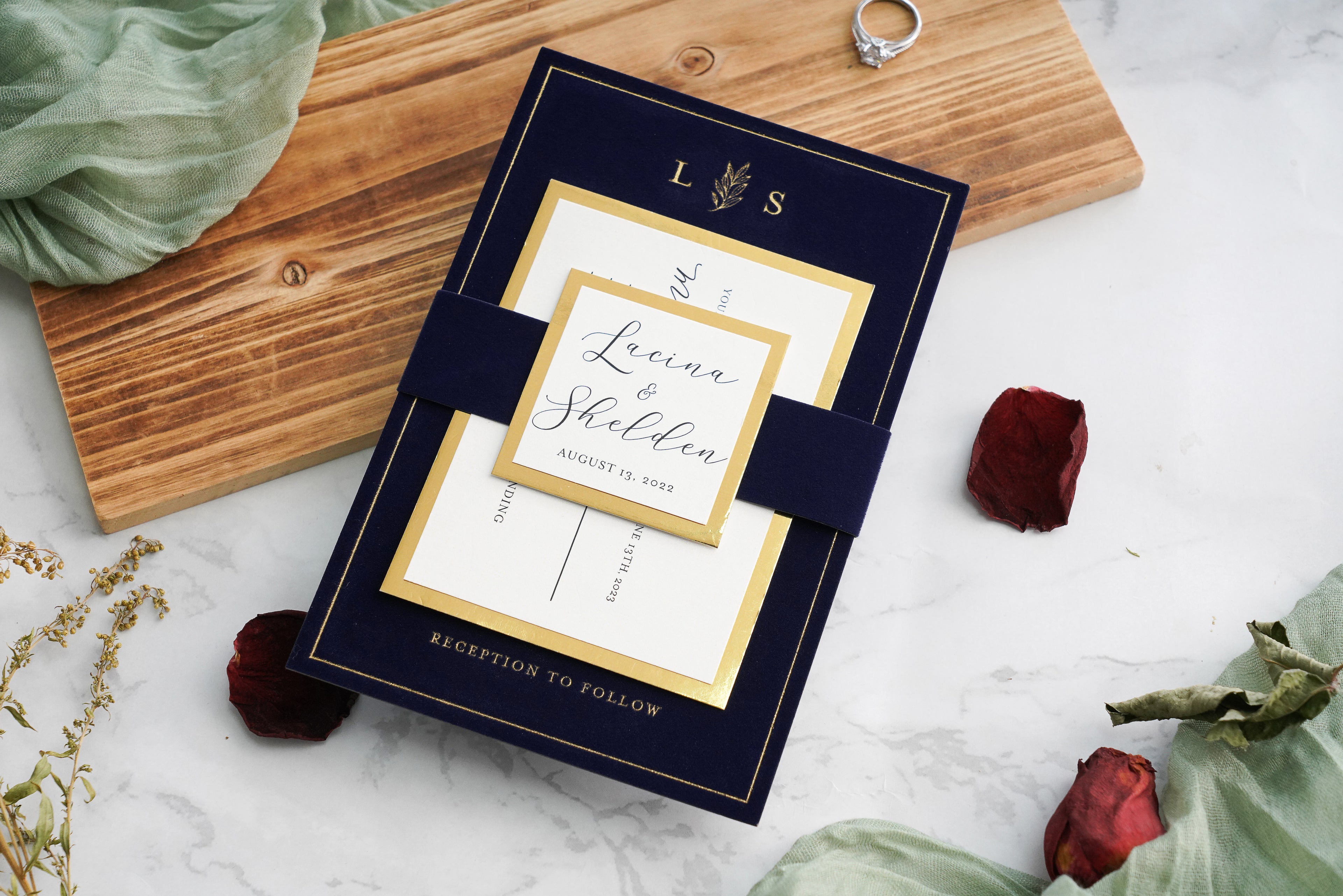 PONATIA  Navy Blue Gold Foil Print Velvet Wedding Invitation Cards with Envelopes