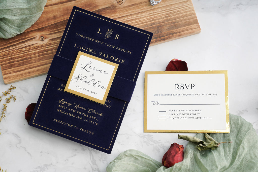 PONATIA  Navy Blue Gold Foil Print Velvet Wedding Invitation Cards with Envelopes
