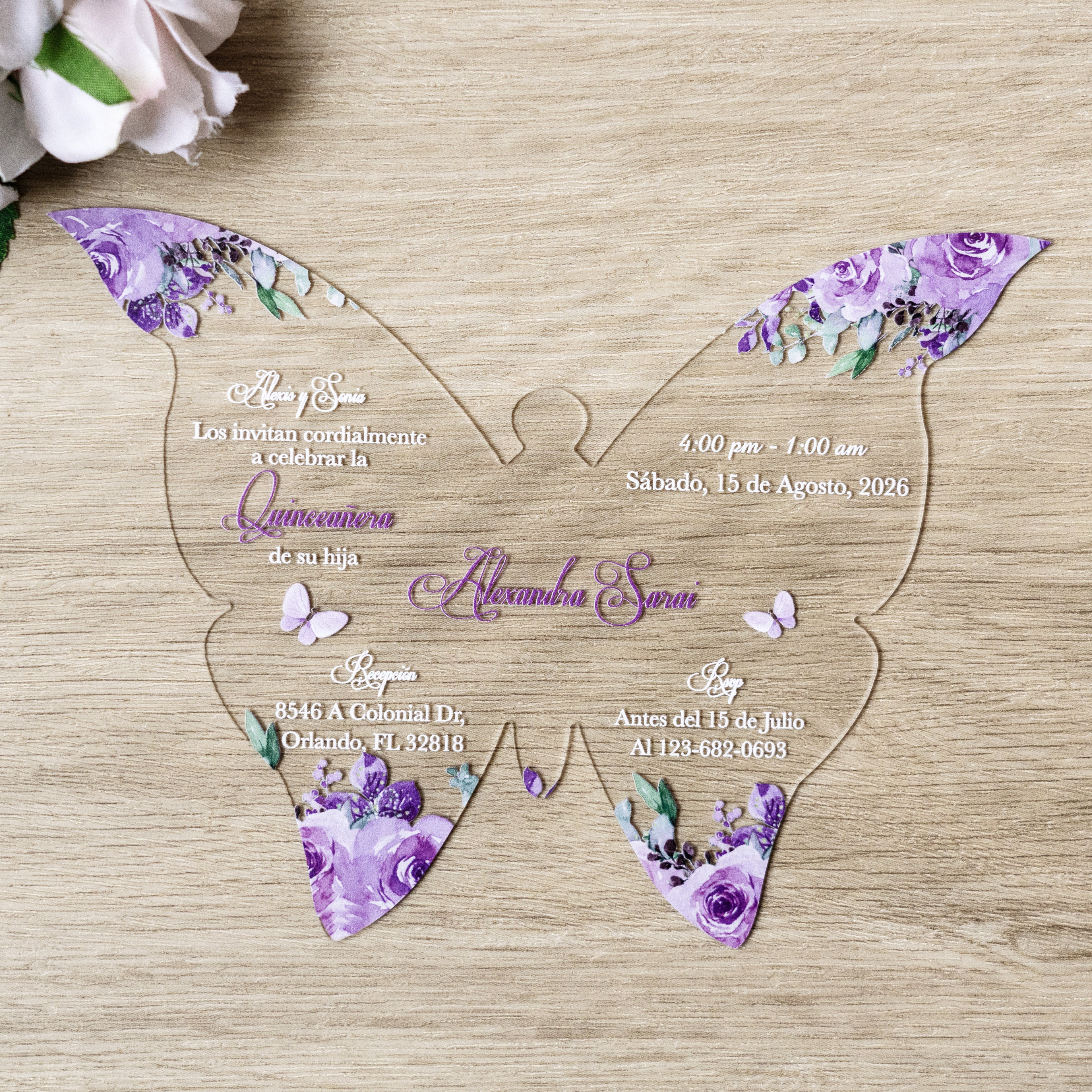 PONATIA 1mm/0.04" Lilac Butterfly Clear Acrylic Quinceanera Invitation Card with Envelopes