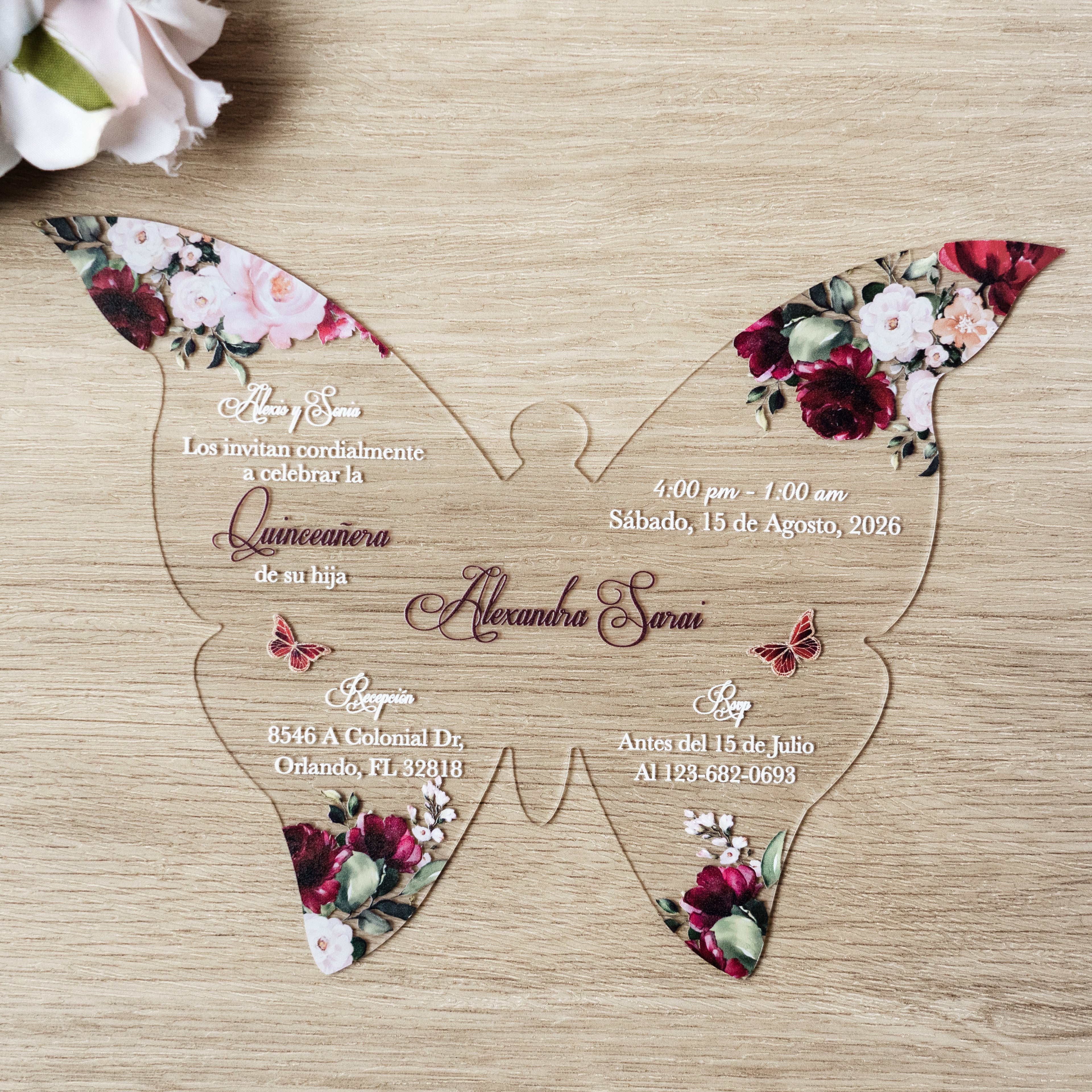 PONATIA 1mm/0.04" Burgundy Butterfly Clear Acrylic Quinceanera Invitation Card with Envelope