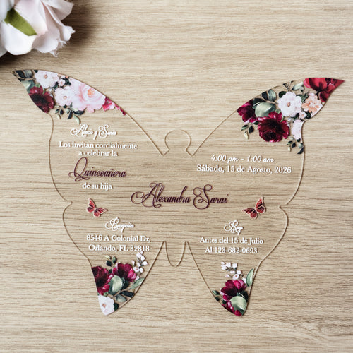 PONATIA 1mm/0.04" Burgundy Butterfly Clear Acrylic Quinceanera Invitation Card with Envelope