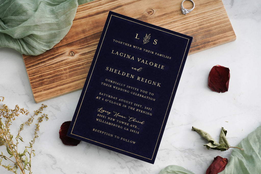PONATIA  Navy Blue Gold Foil Print Velvet Wedding Invitation Cards with Envelopes