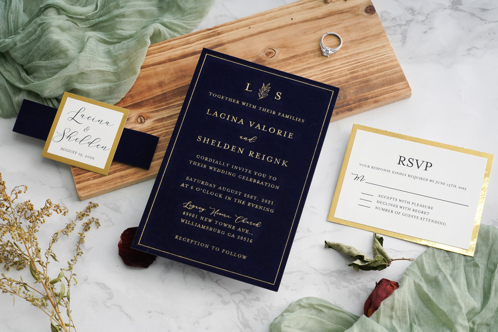 PONATIA  Navy Blue Gold Foil Print Velvet Wedding Invitation Cards with Envelopes