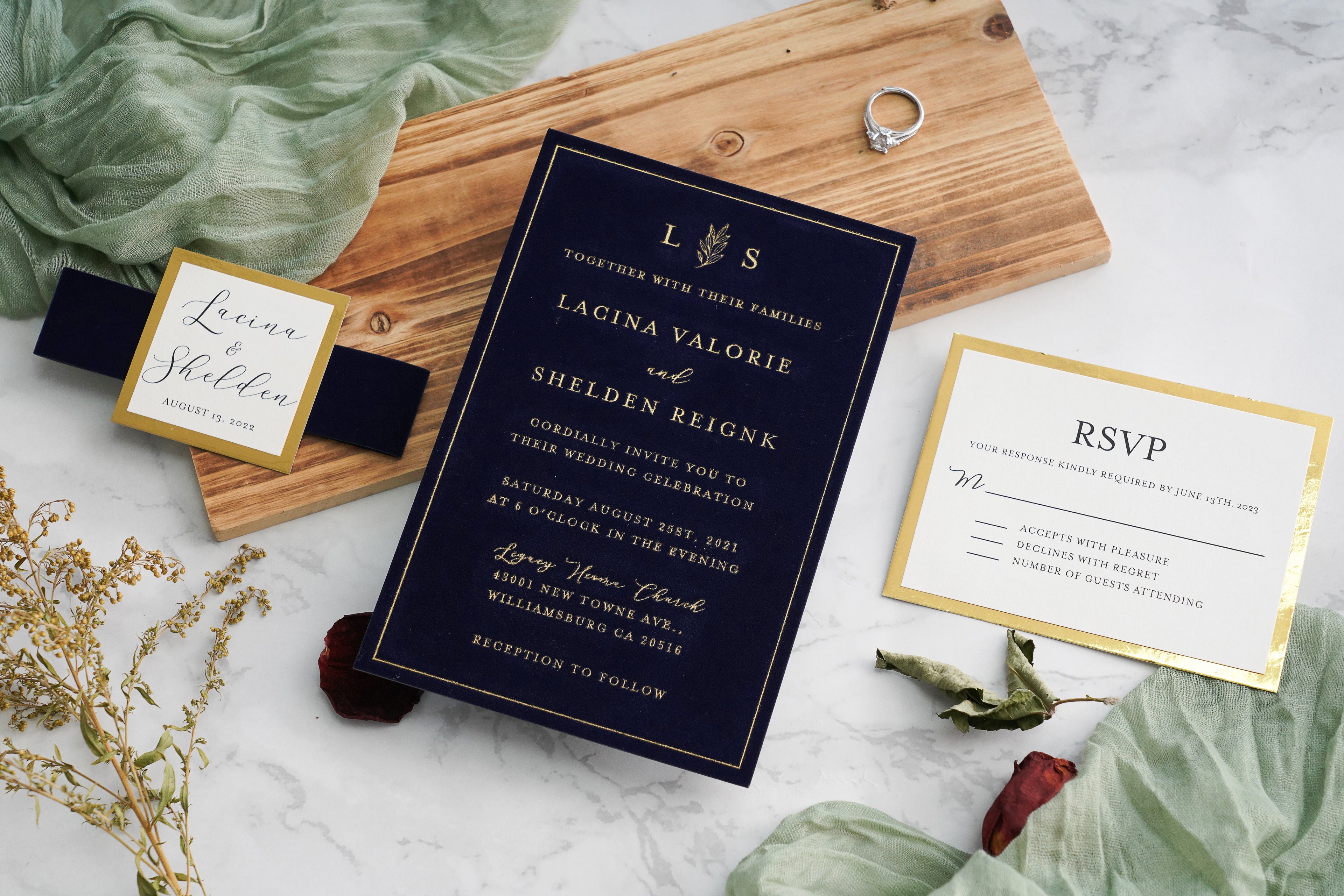 PONATIA  Navy Blue Gold Foil Print Velvet Wedding Invitation Cards with Envelopes
