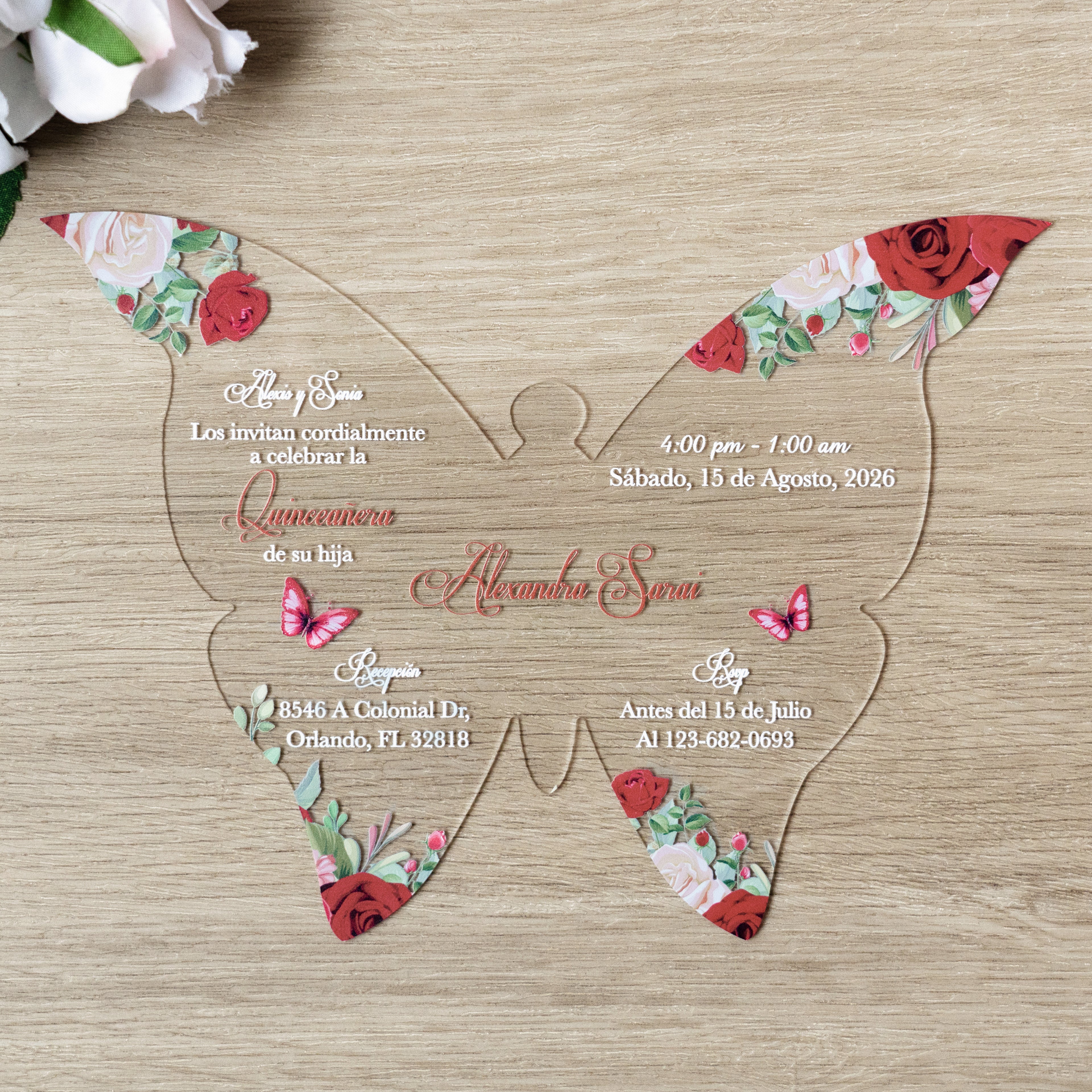 PONATIA 1mm/0.04" Red Butterfly Clear Acrylic Quinceanera Invitation Card with Envelopes