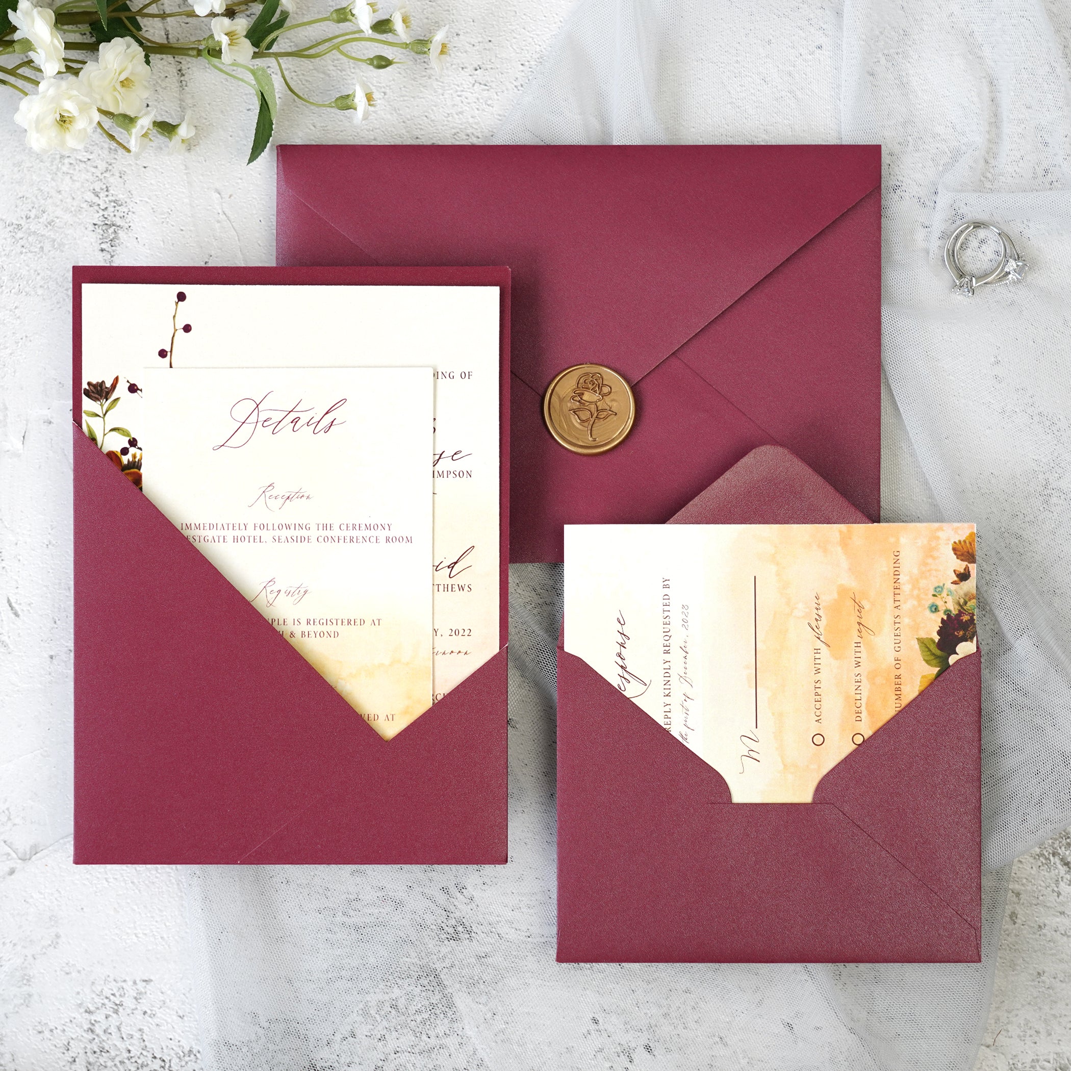 PONATIA Burgundy Panel Pocket Wedding Invitations Cards with Envelopes