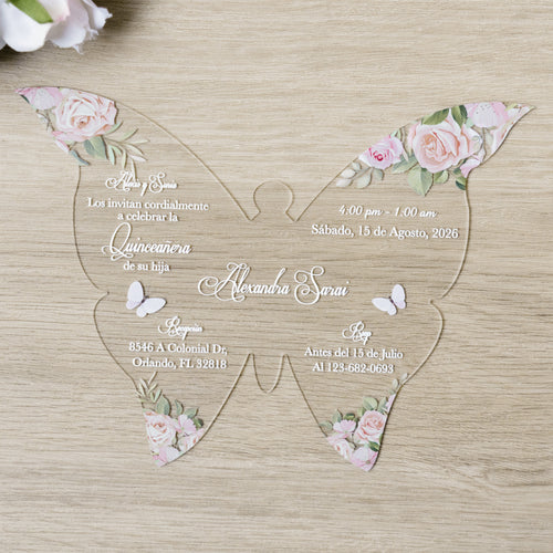 PONATIA 1mm/0.04" Blush Pink Butterfly Clear Acrylic Quinceanera Invitation Card with Envelopes