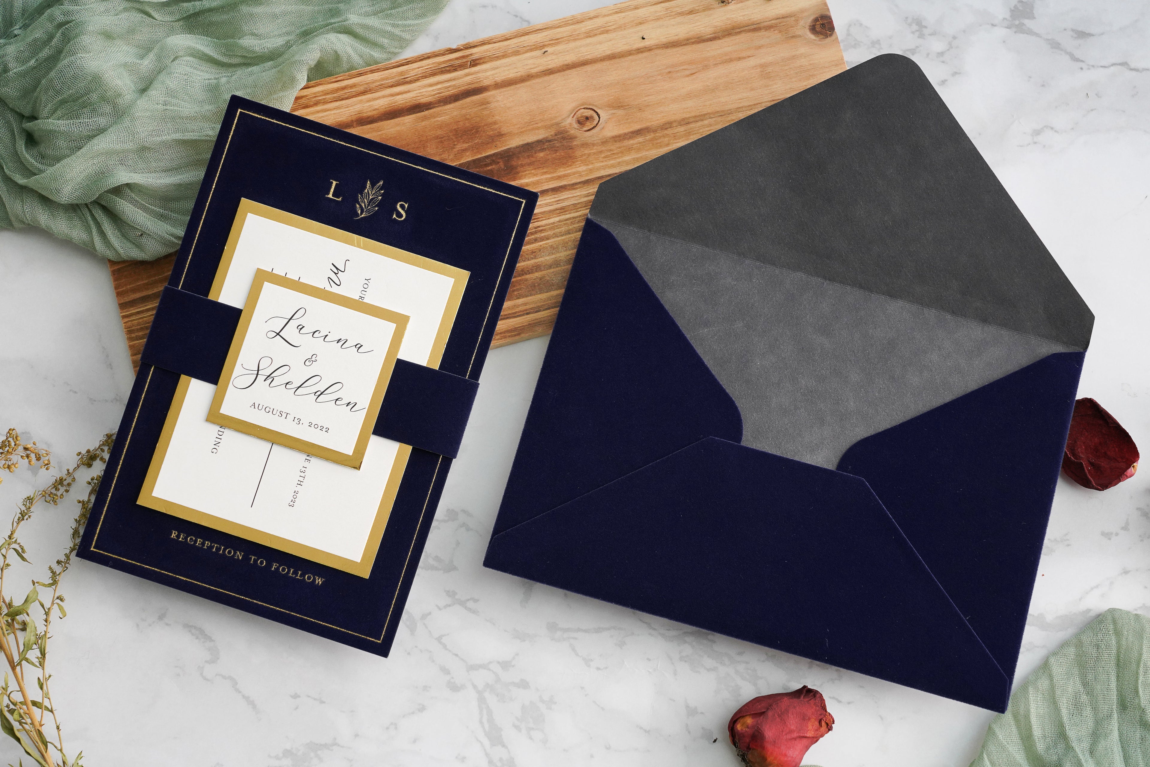 PONATIA  Navy Blue Gold Foil Print Velvet Wedding Invitation Cards with Envelopes
