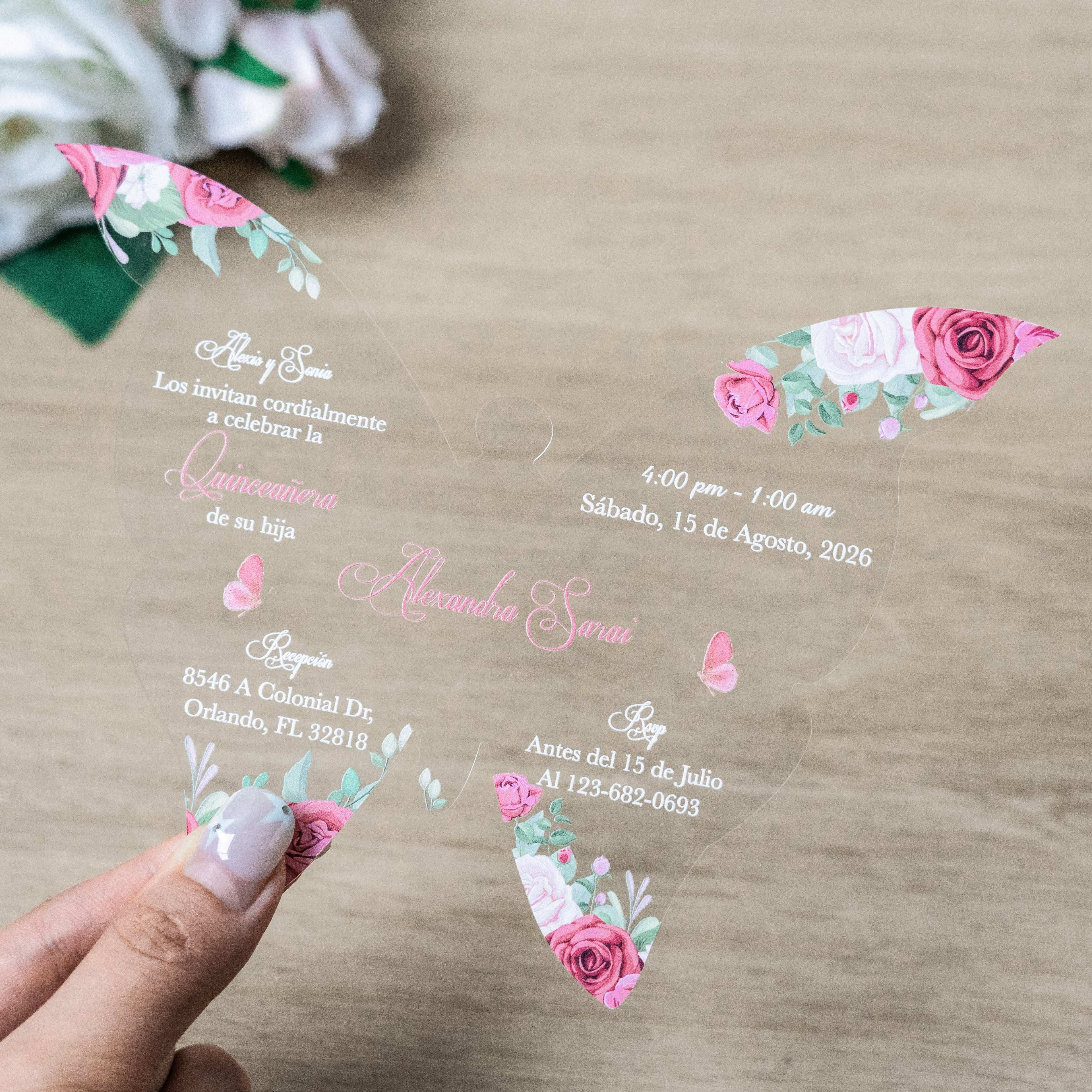PONATIA 1mm/0.04" Dusty Rose Butterfly Clear Acrylic Quinceanera Invitation Card with Envelopes