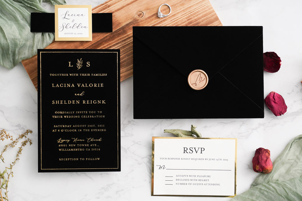 PONATIA Black Gold Foil Print Velvet Wedding Invitation Cards with Envelopes