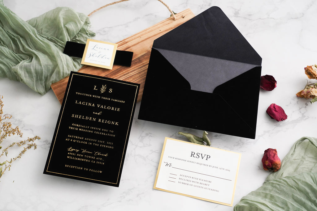 PONATIA Black Gold Foil Print Velvet Wedding Invitation Cards with Envelopes