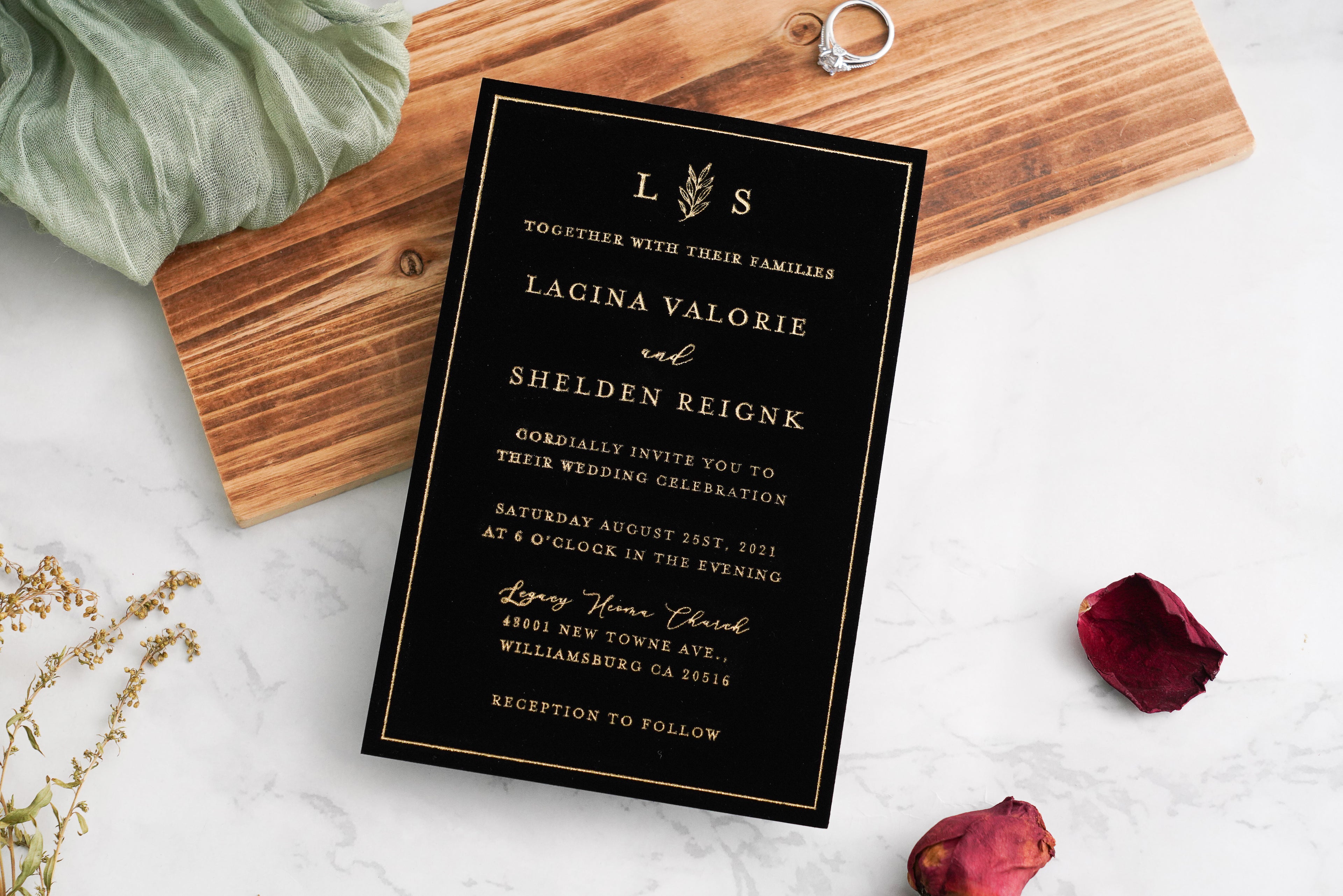 PONATIA Black Gold Foil Print Velvet Wedding Invitation Cards with Envelopes