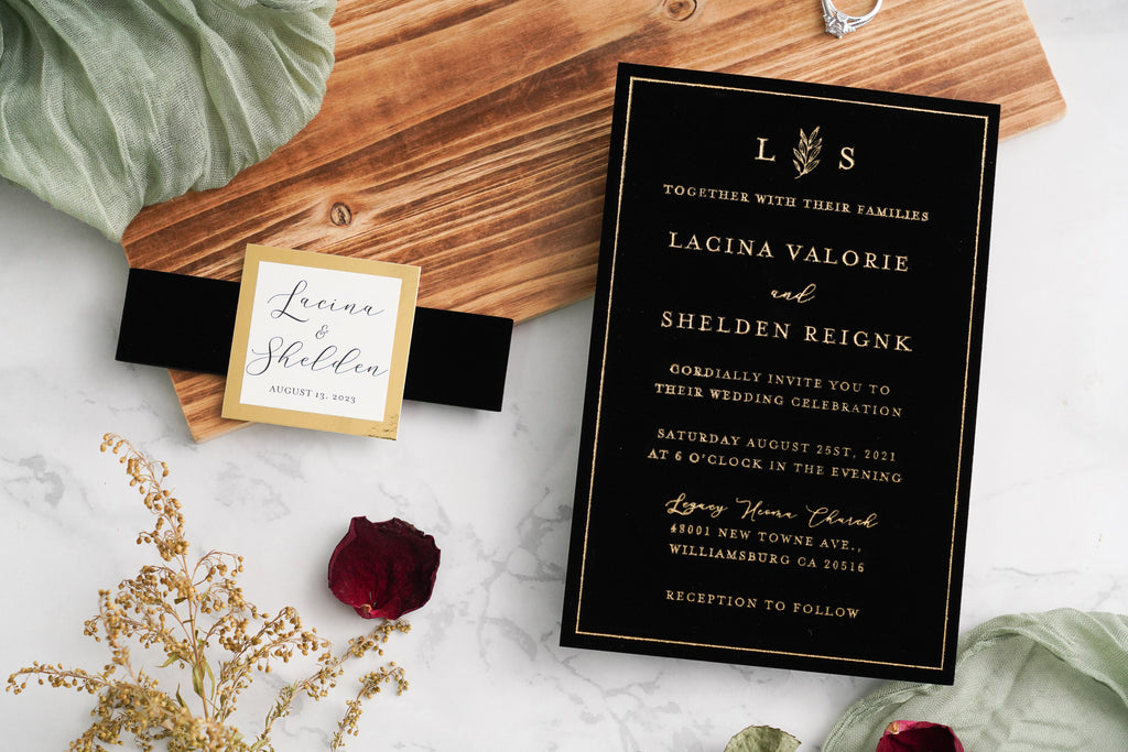 PONATIA Black Gold Foil Print Velvet Wedding Invitation Cards with Envelopes