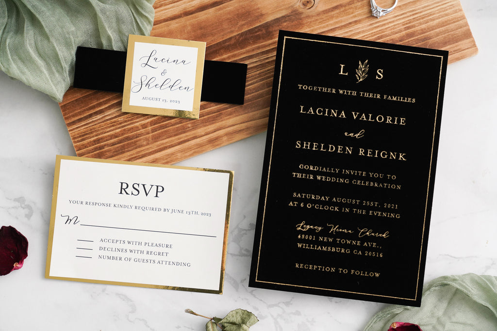 PONATIA Black Gold Foil Print Velvet Wedding Invitation Cards with Envelopes