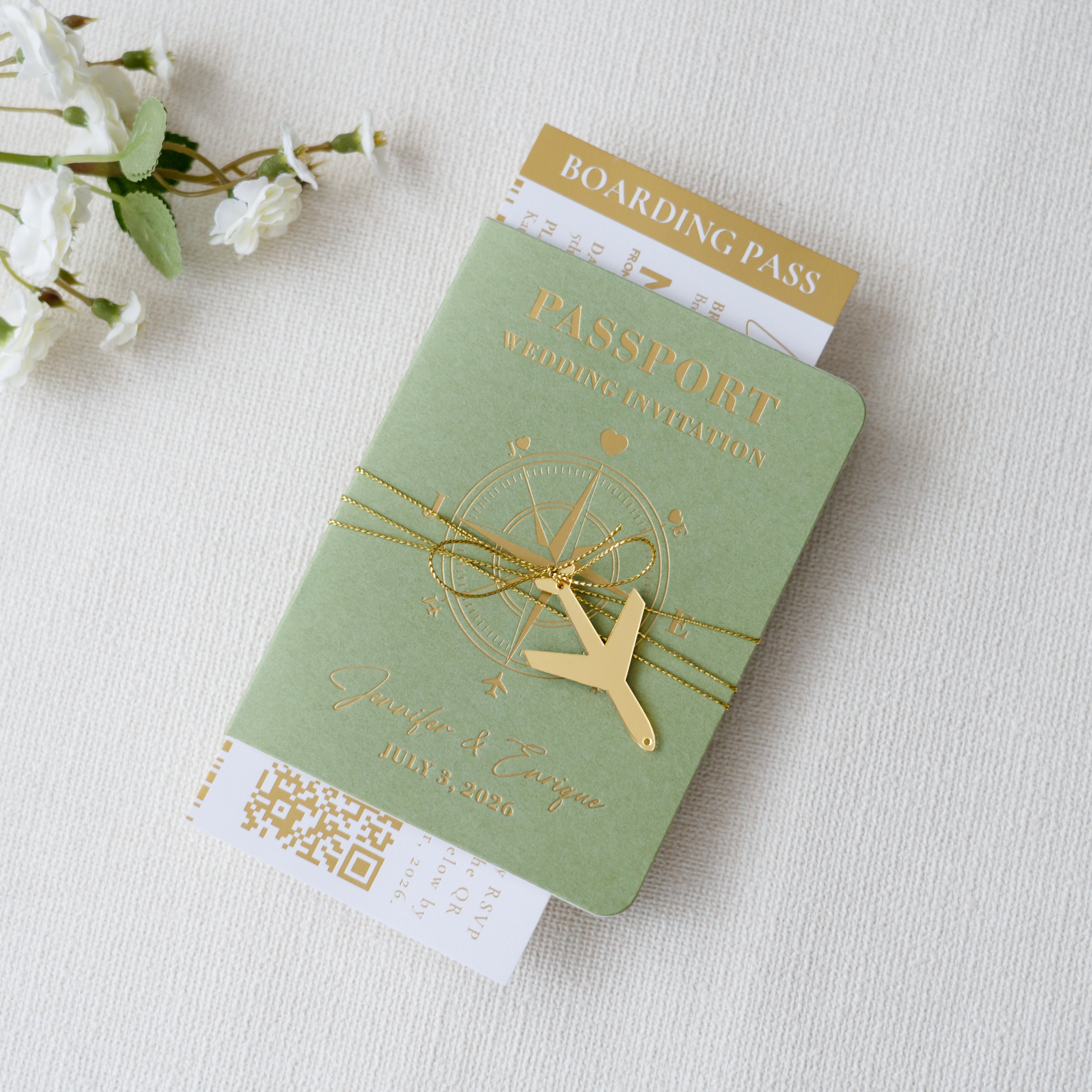 PONATIA Sage Green Wedding Passport Invite & Mirror Tag Passport Invitation Suite