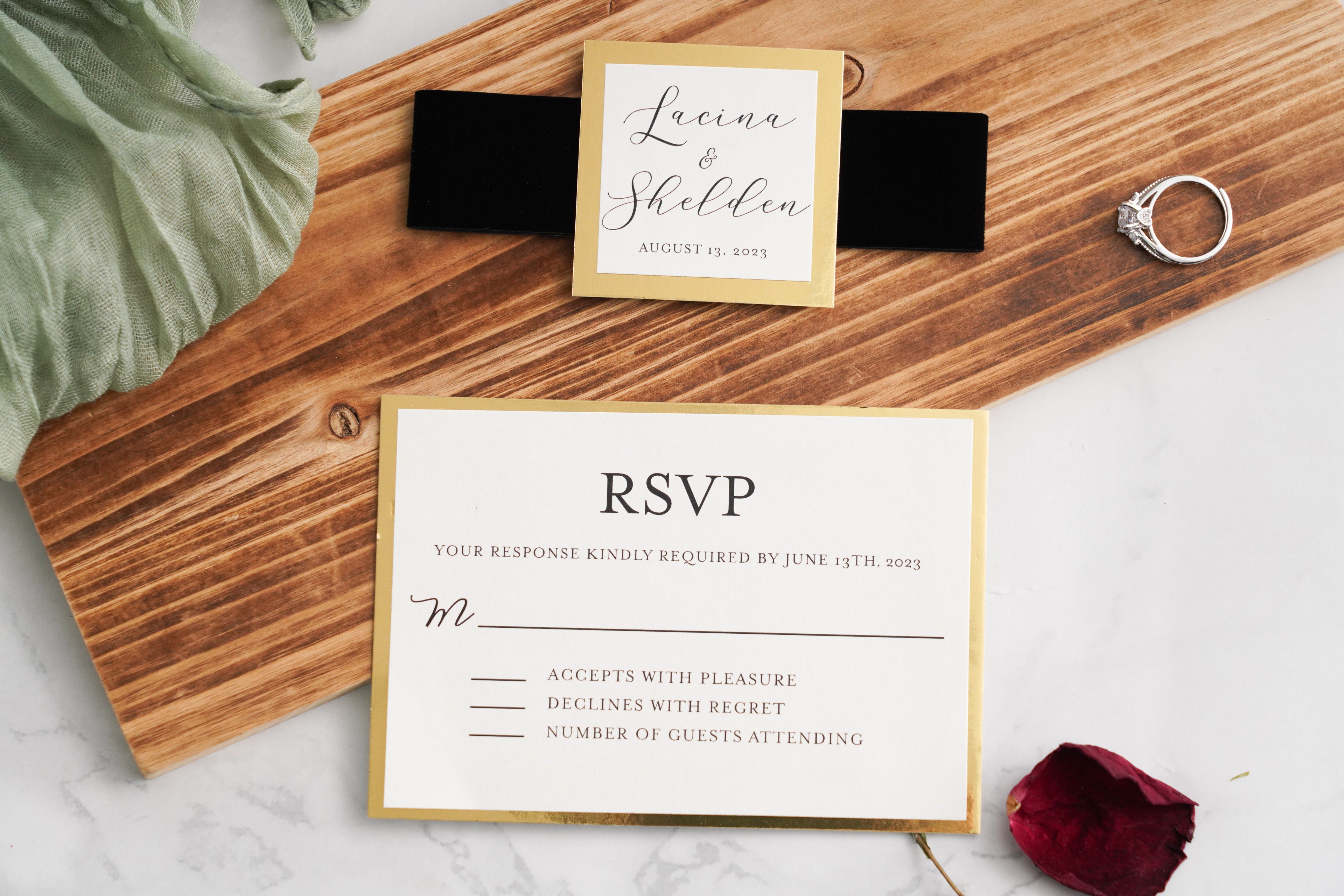 PONATIA Black Gold Foil Print Velvet Wedding Invitation Cards with Envelopes