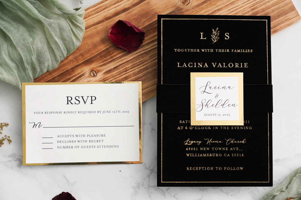 PONATIA Black Gold Foil Print Velvet Wedding Invitation Cards with Envelopes