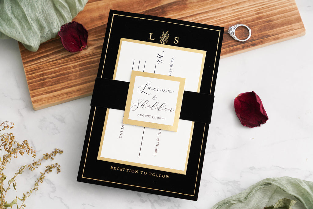 PONATIA Black Gold Foil Print Velvet Wedding Invitation Cards with Envelopes