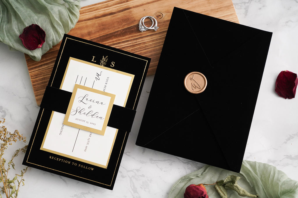 PONATIA Black Gold Foil Print Velvet Wedding Invitation Cards with Envelopes