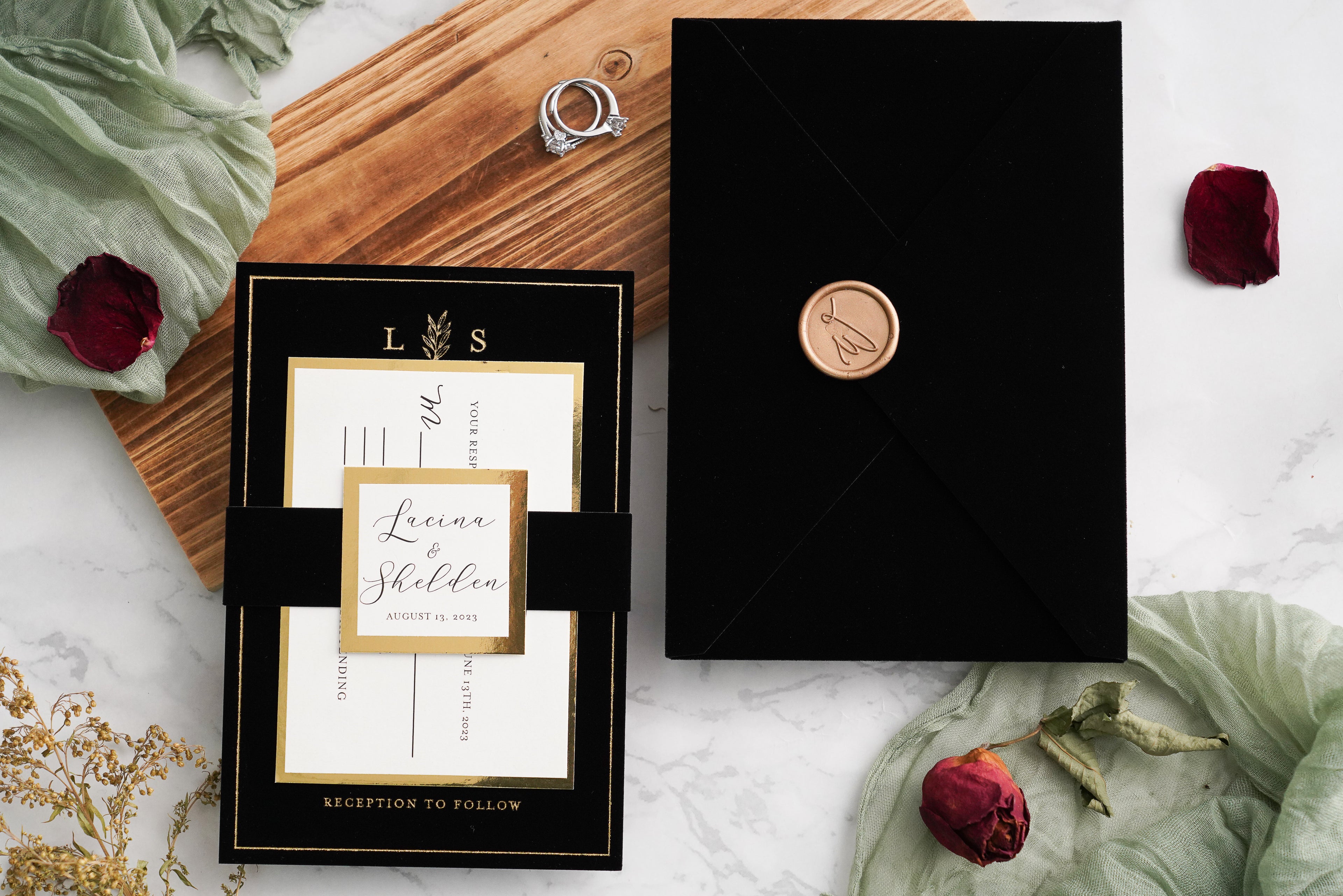 PONATIA Black Gold Foil Print Velvet Wedding Invitation Cards with Envelopes