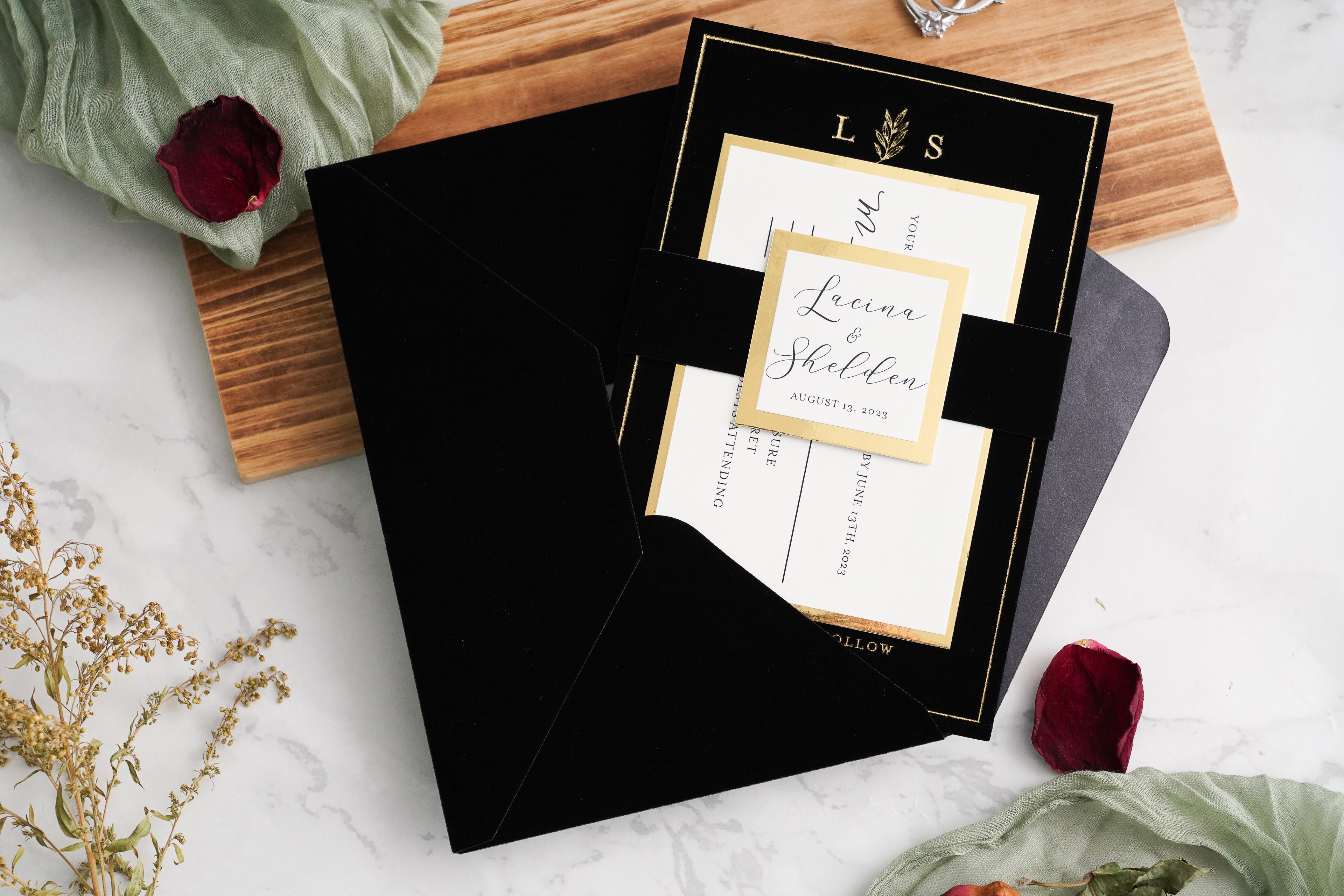 PONATIA Black Gold Foil Print Velvet Wedding Invitation Cards with Envelopes