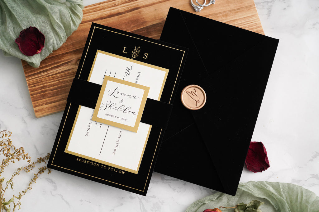 PONATIA Black Gold Foil Print Velvet Wedding Invitation Cards with Envelopes