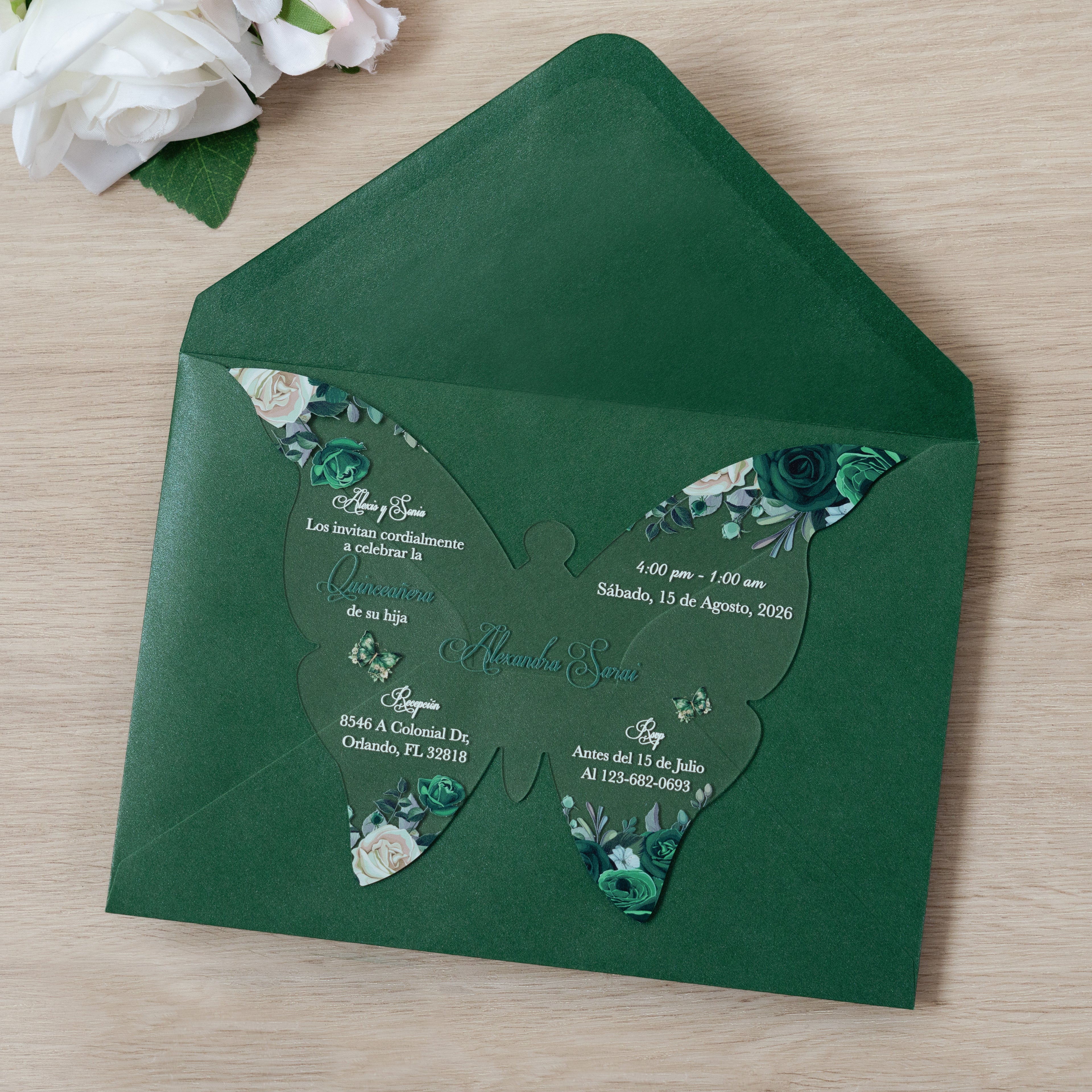 PONATIA 1mm/0.04" Emerald Green Butterfly Clear Acrylic Quinceanera Invitation Card with Envelopes