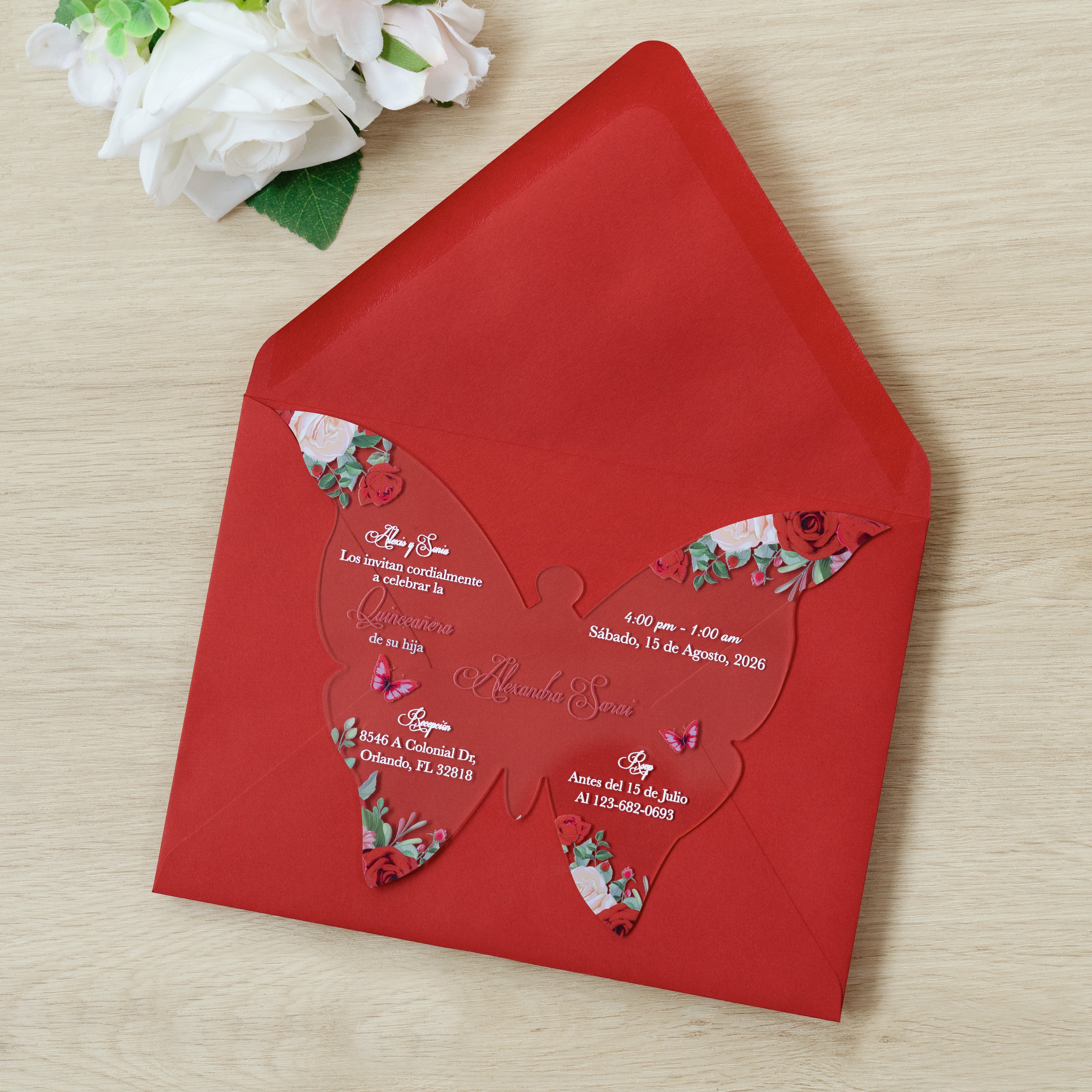 PONATIA 1mm/0.04" Red Butterfly Clear Acrylic Quinceanera Invitation Card with Envelopes