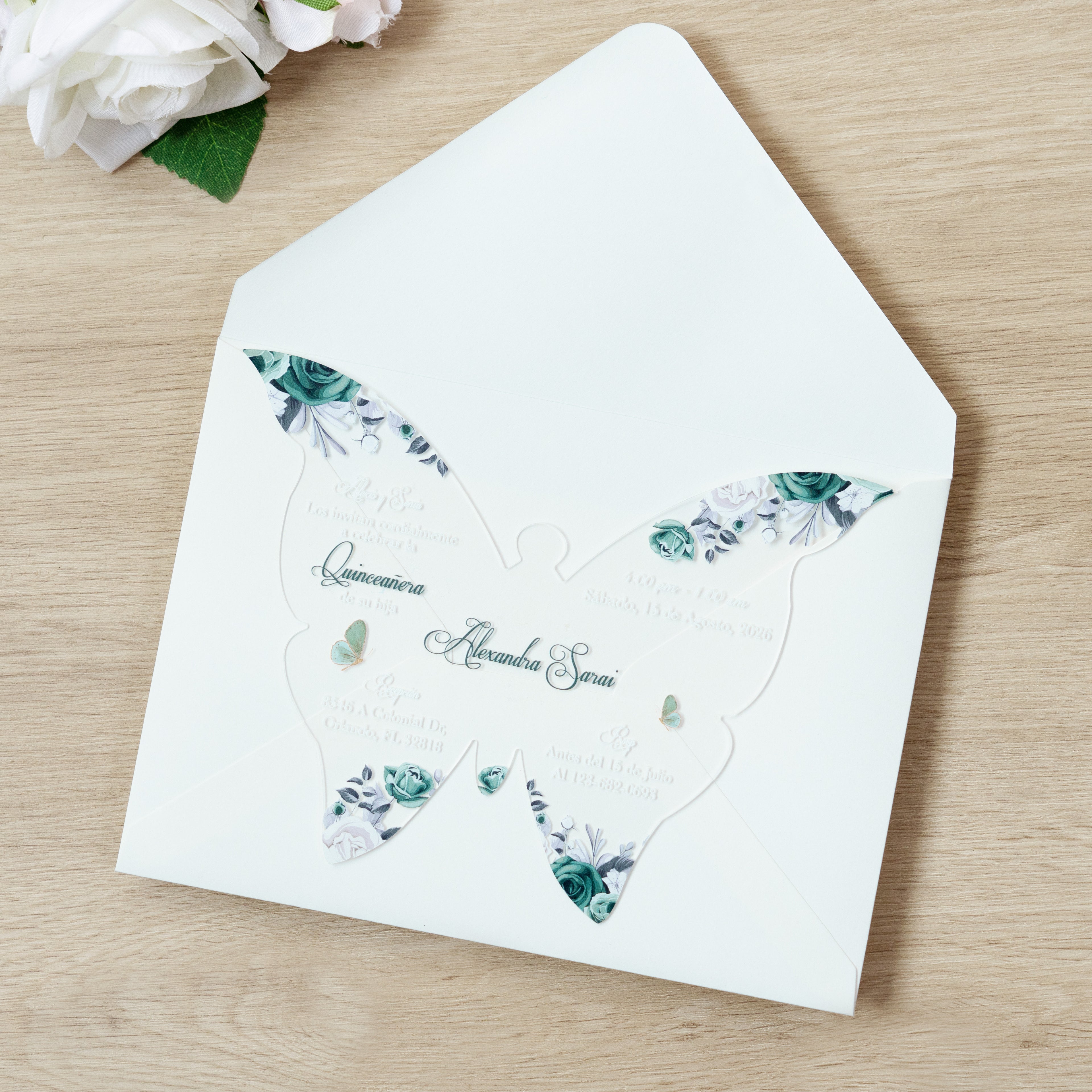 PONATIA 1mm/0.04" Emerald Green Butterfly Clear Acrylic Quinceanera Invitation Card with Envelopes
