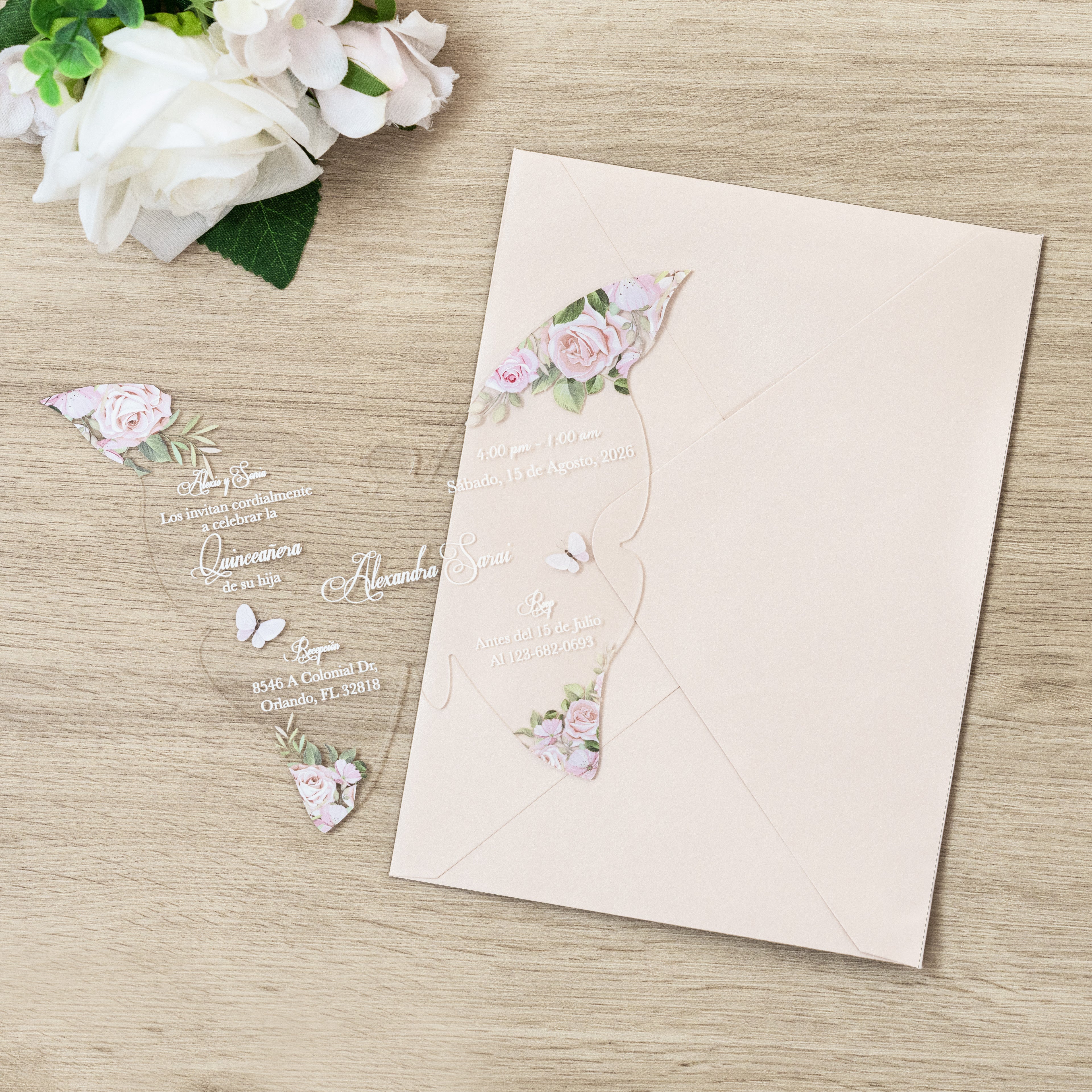 PONATIA 1mm/0.04" Blush Pink Butterfly Clear Acrylic Quinceanera Invitation Card with Envelopes
