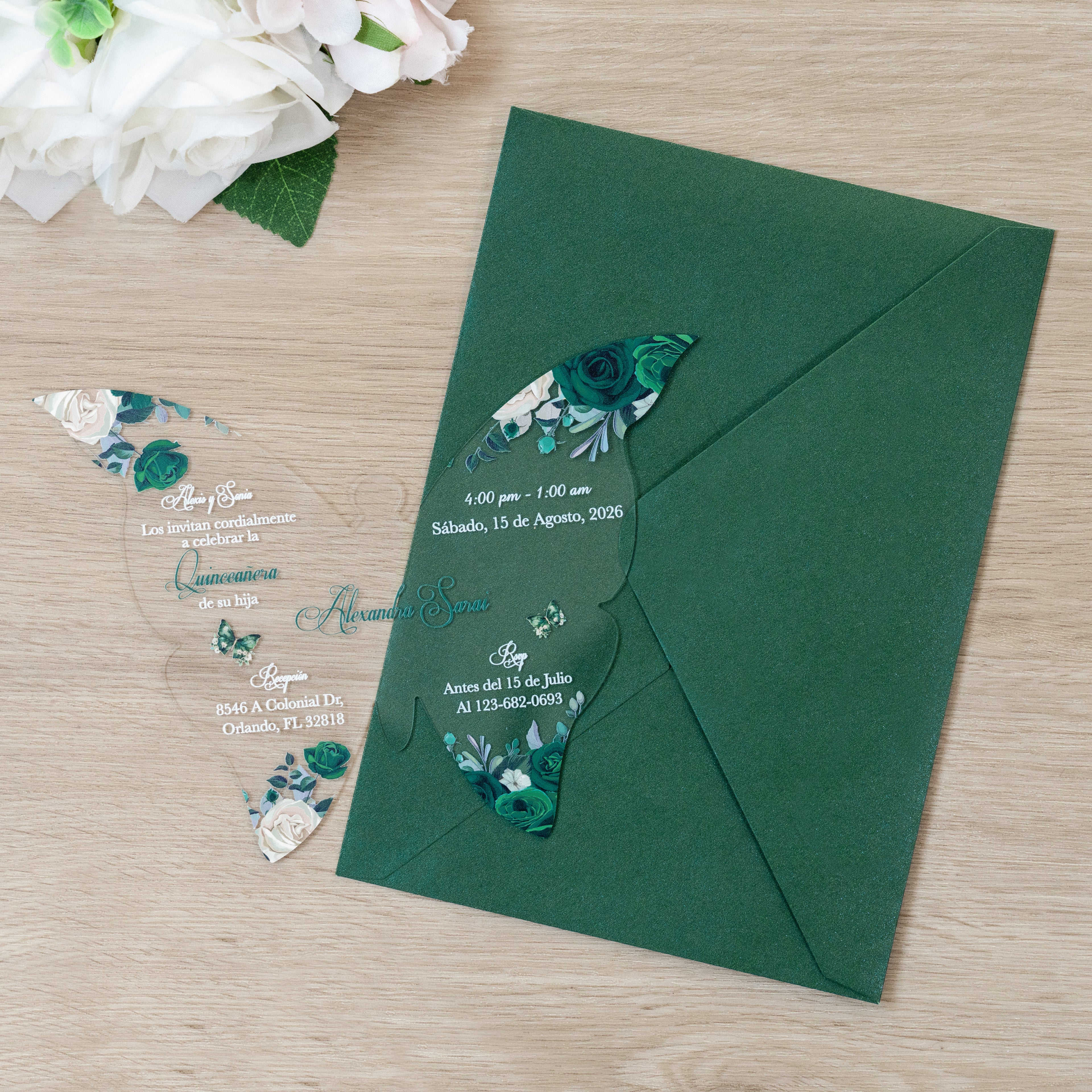 PONATIA 1mm/0.04" Emerald Green Butterfly Clear Acrylic Quinceanera Invitation Card with Envelopes