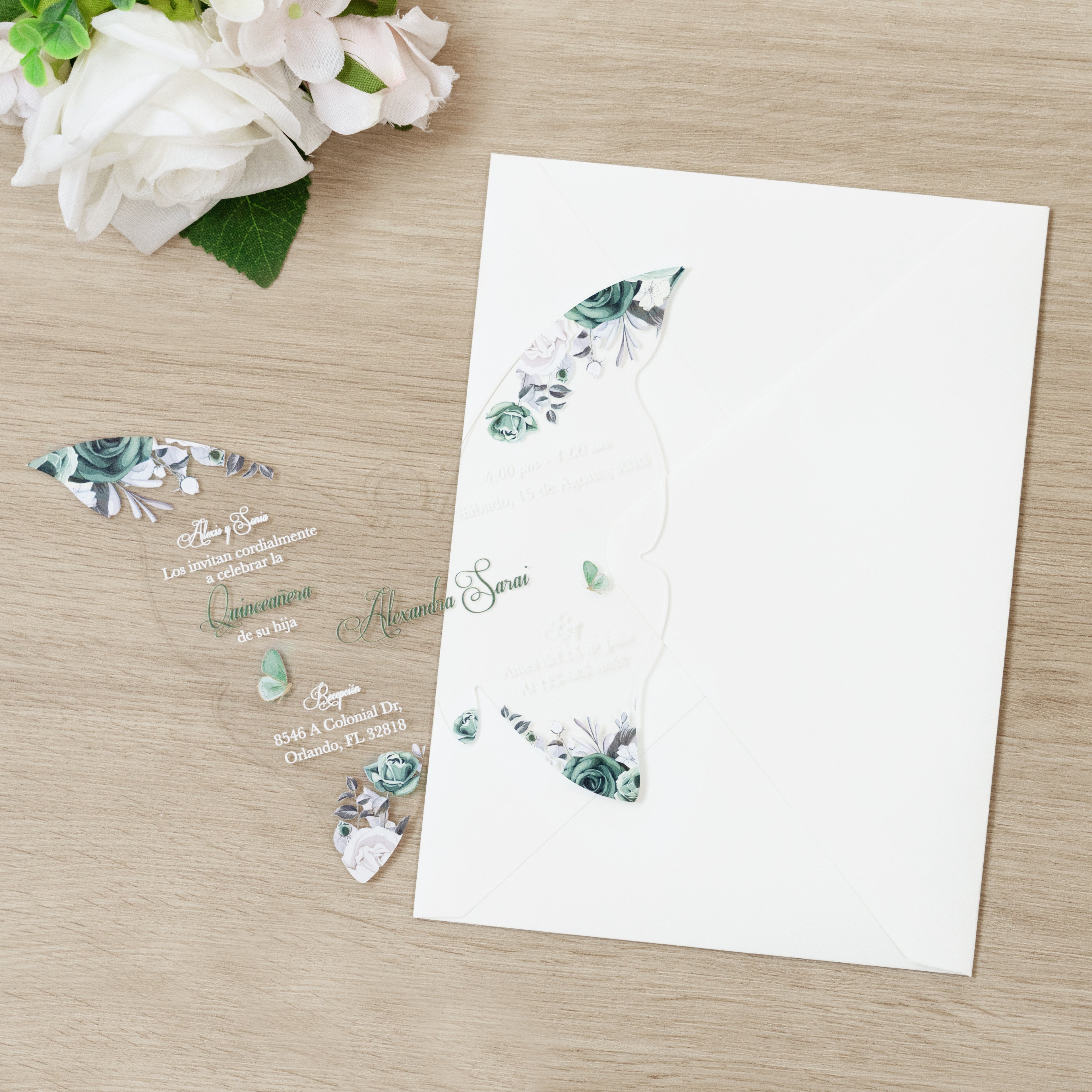 PONATIA 1mm/0.04" Emerald Green Butterfly Clear Acrylic Quinceanera Invitation Card with Envelopes