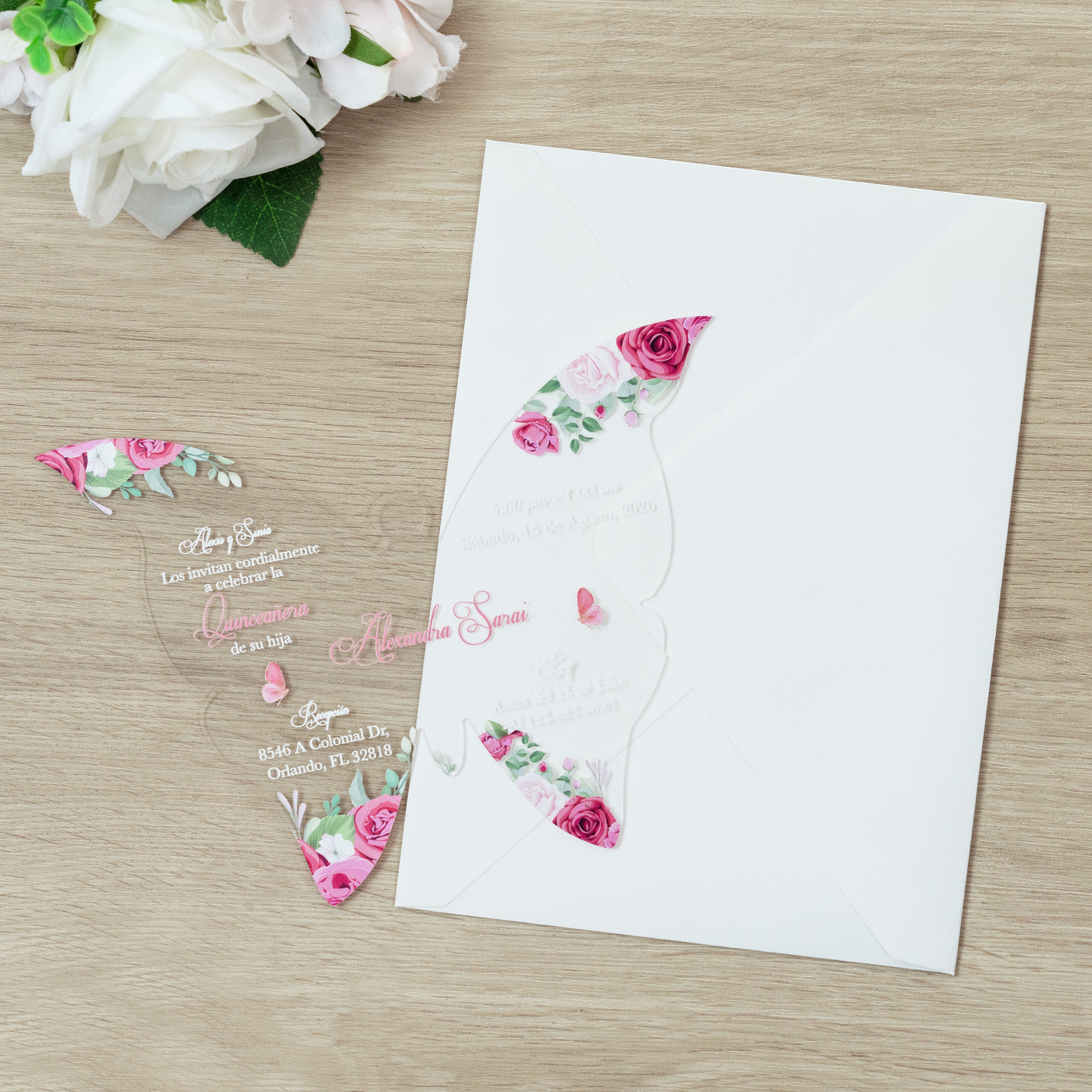 PONATIA 1mm/0.04" Dusty Rose Butterfly Clear Acrylic Quinceanera Invitation Card with Envelopes