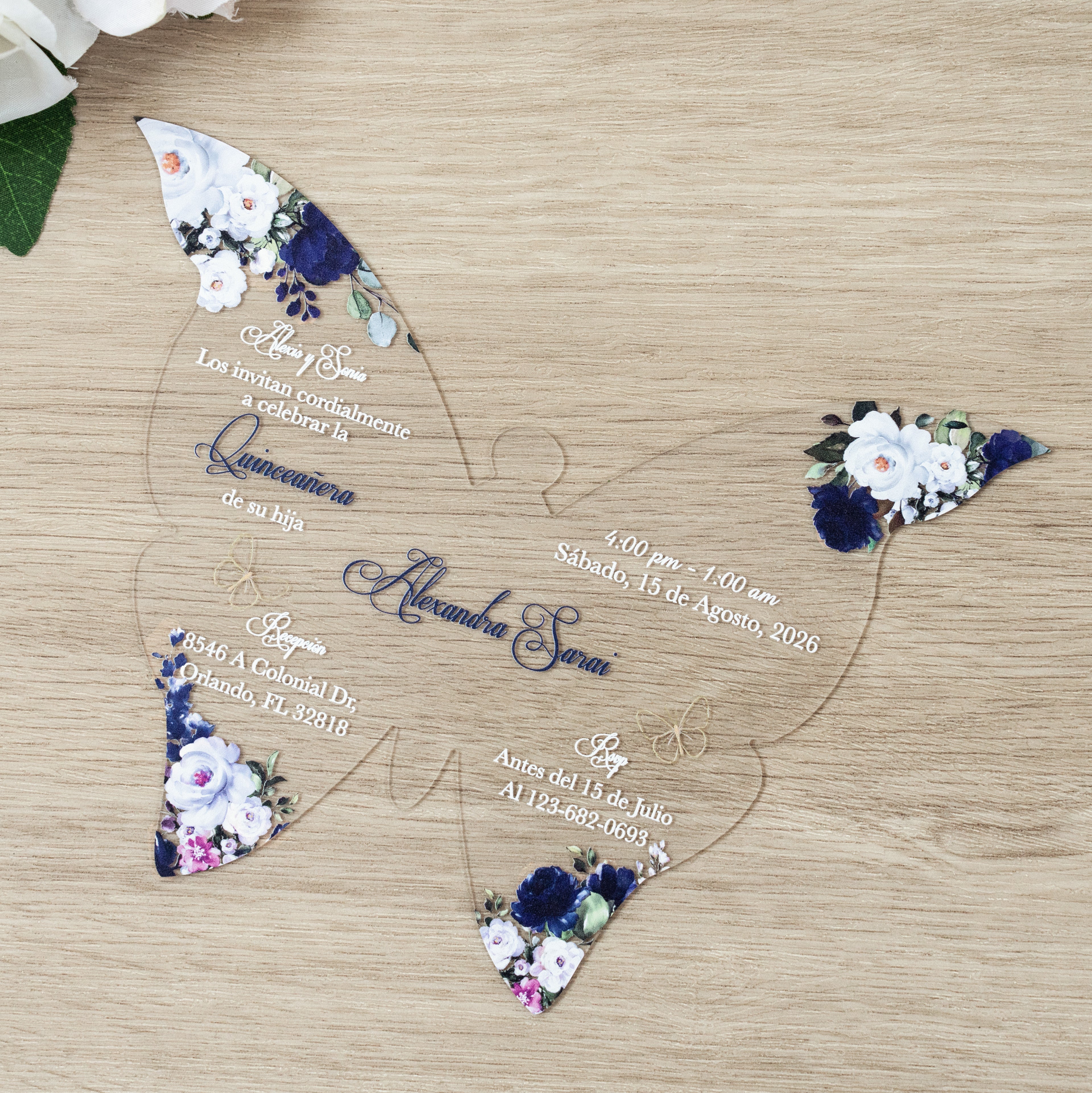 PONATIA 1mm/0.04" Navy Blue Butterfly Clear Acrylic Quinceanera Invitation Card with Envelopes