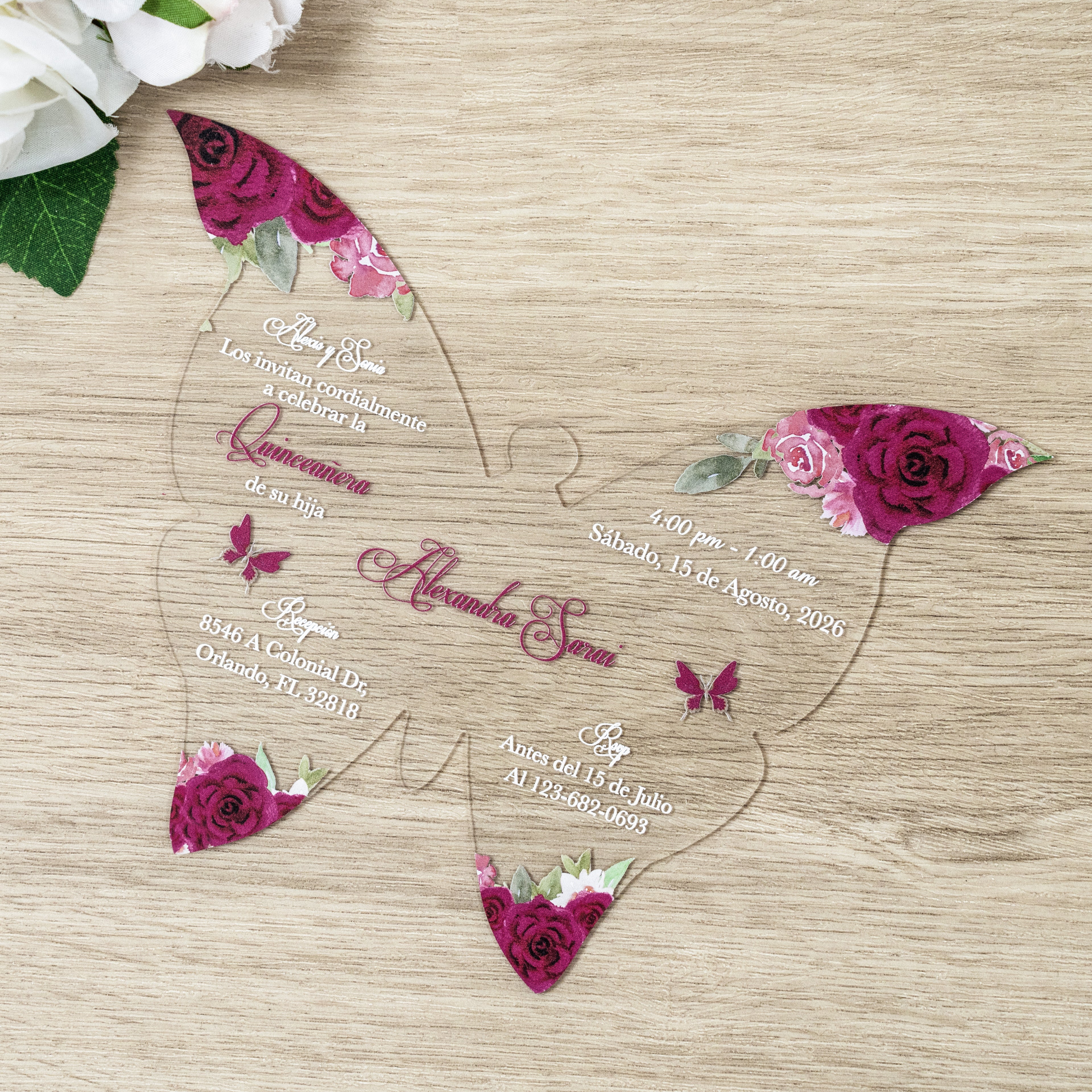 PONATIA 1mm/0.04" Fuchsia Butterfly Clear Acrylic Quinceanera Invitation Card with Envelopes