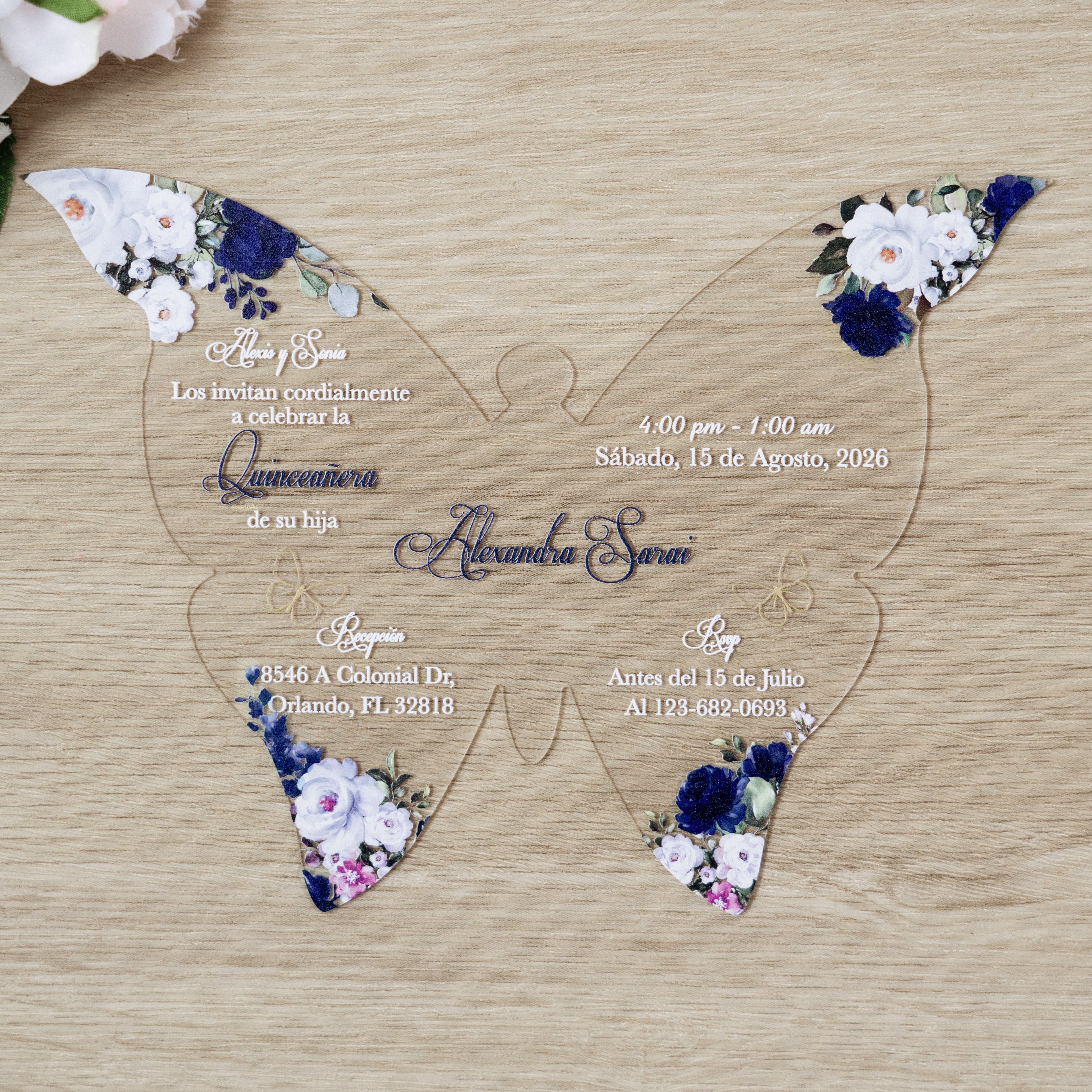 PONATIA 1mm/0.04" Navy Blue Butterfly Clear Acrylic Quinceanera Invitation Card with Envelopes