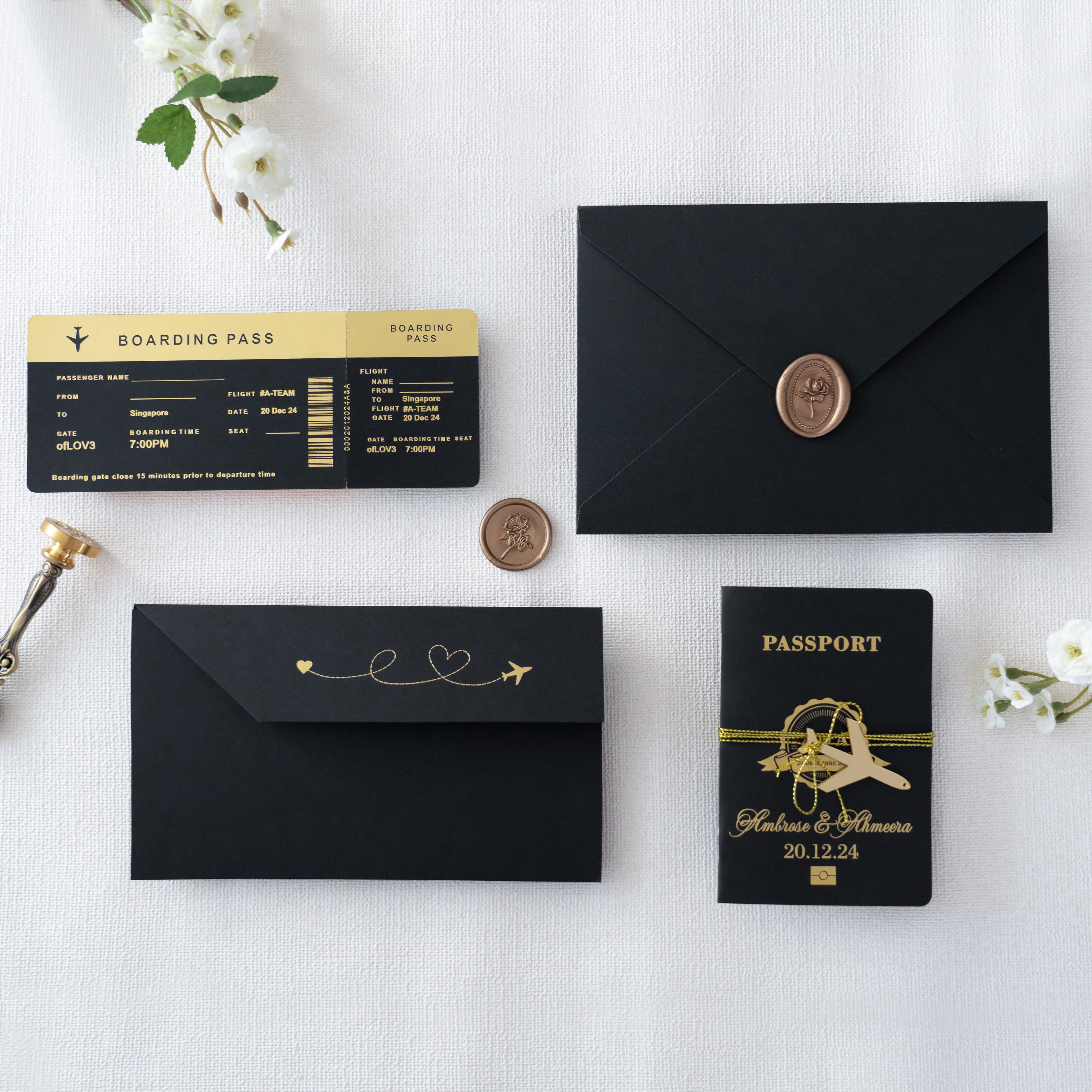 PONATIA Black Wedding Passport Invite in Pocket & Mirror Tag Passport Invitation Suite