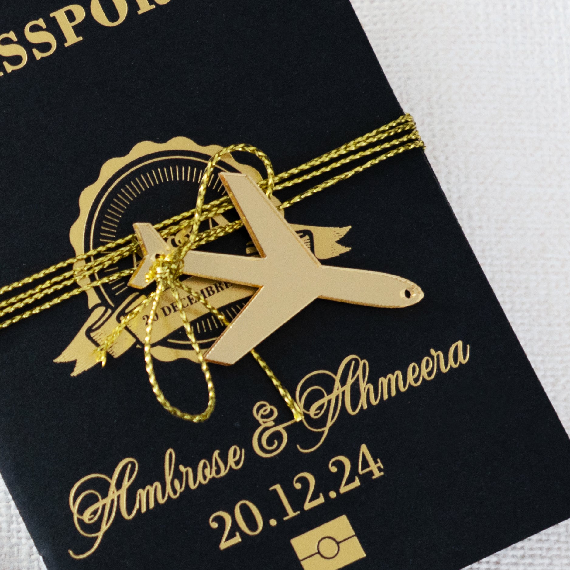 PONATIA Black Wedding Passport Invite in Pocket & Mirror Tag Passport Invitation Suite