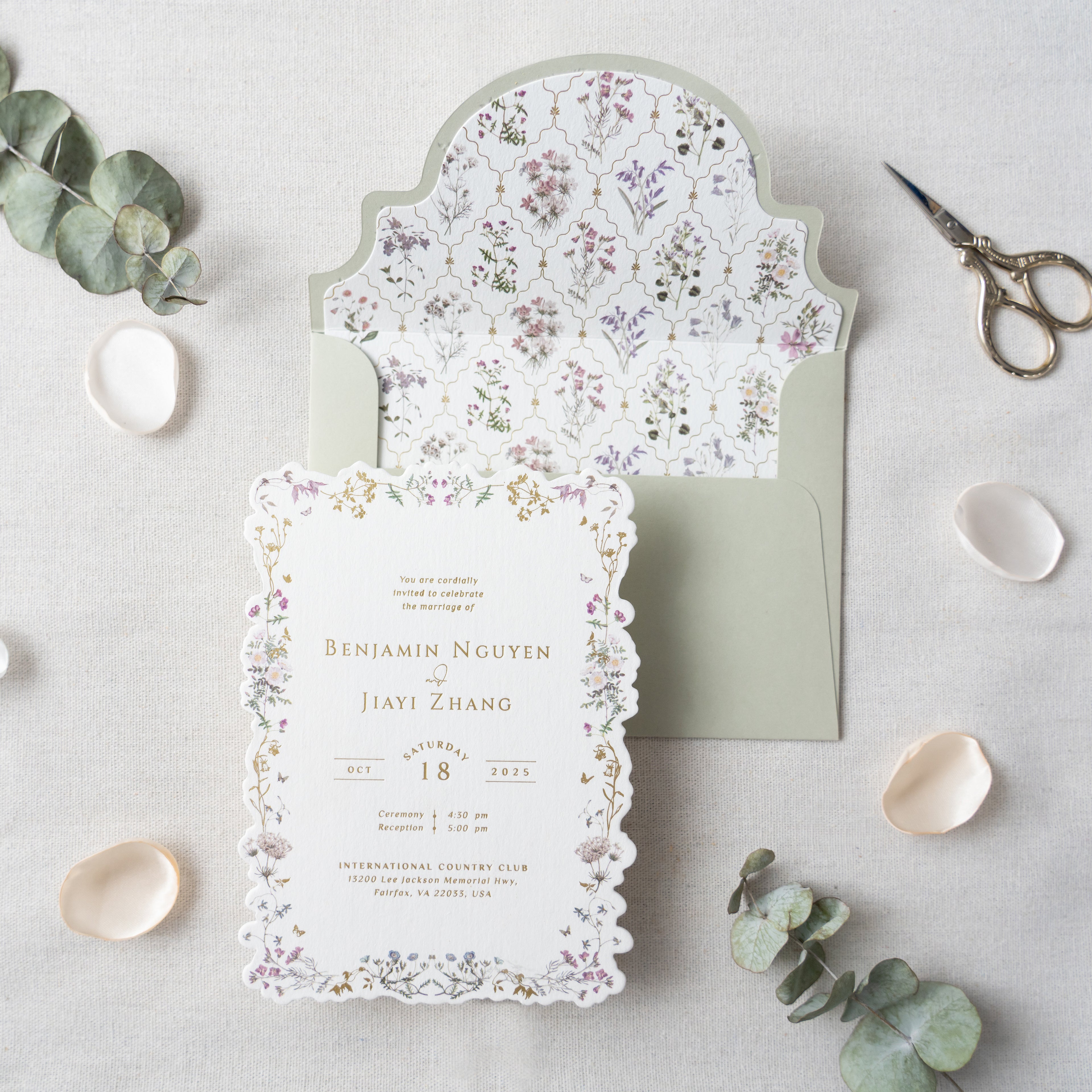 PONATIA Sage Green Foil Print in Gold Liner Envelopes with Foil Print in Gold Floral Wedding Invitation Card